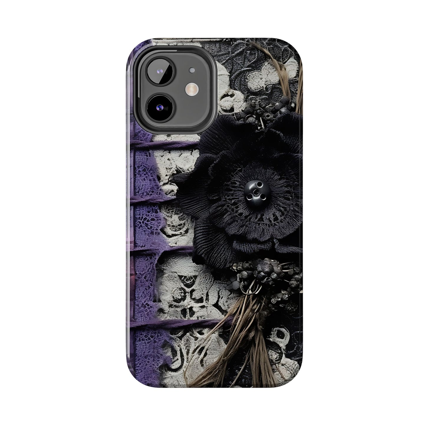 Gothic Skull Floral Tough Phone Case – Black Flower & Purple Accent Protective Cover