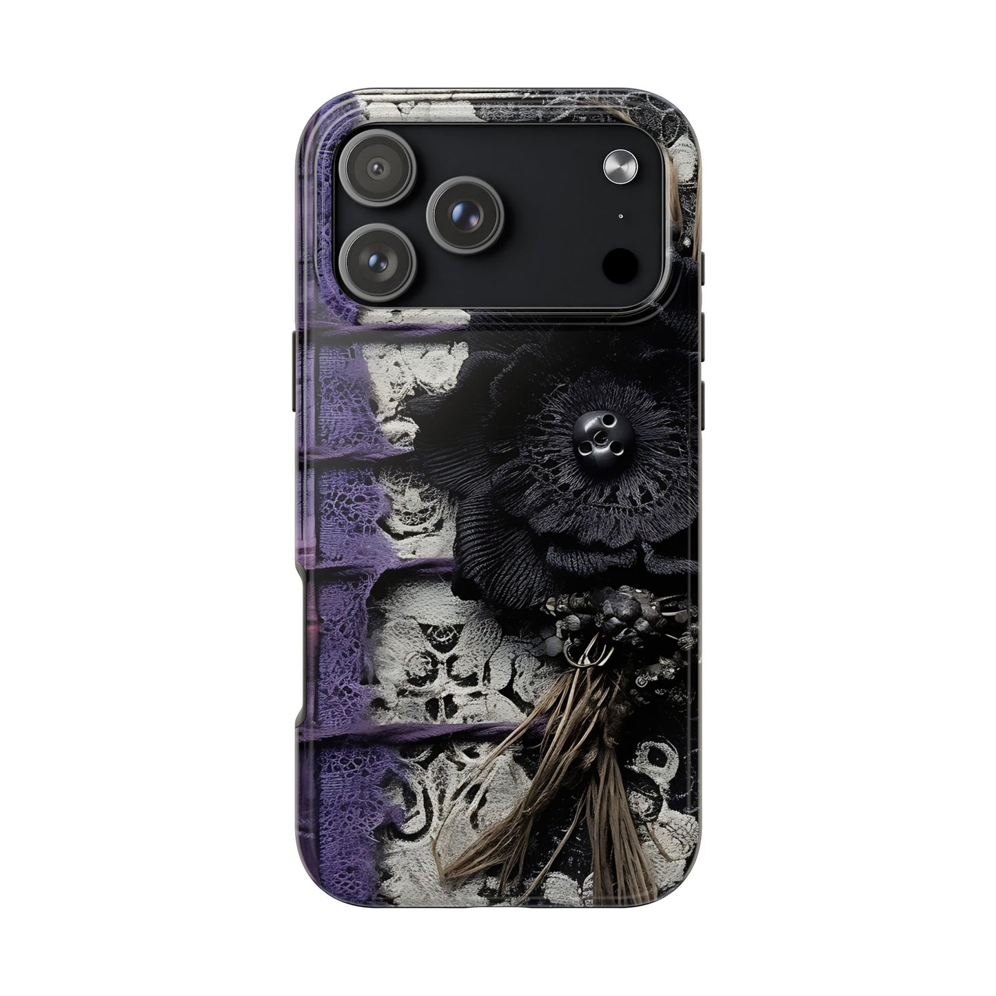 Gothic Skull Floral Tough Phone Case – Black Flower & Purple Accent Protective Cover