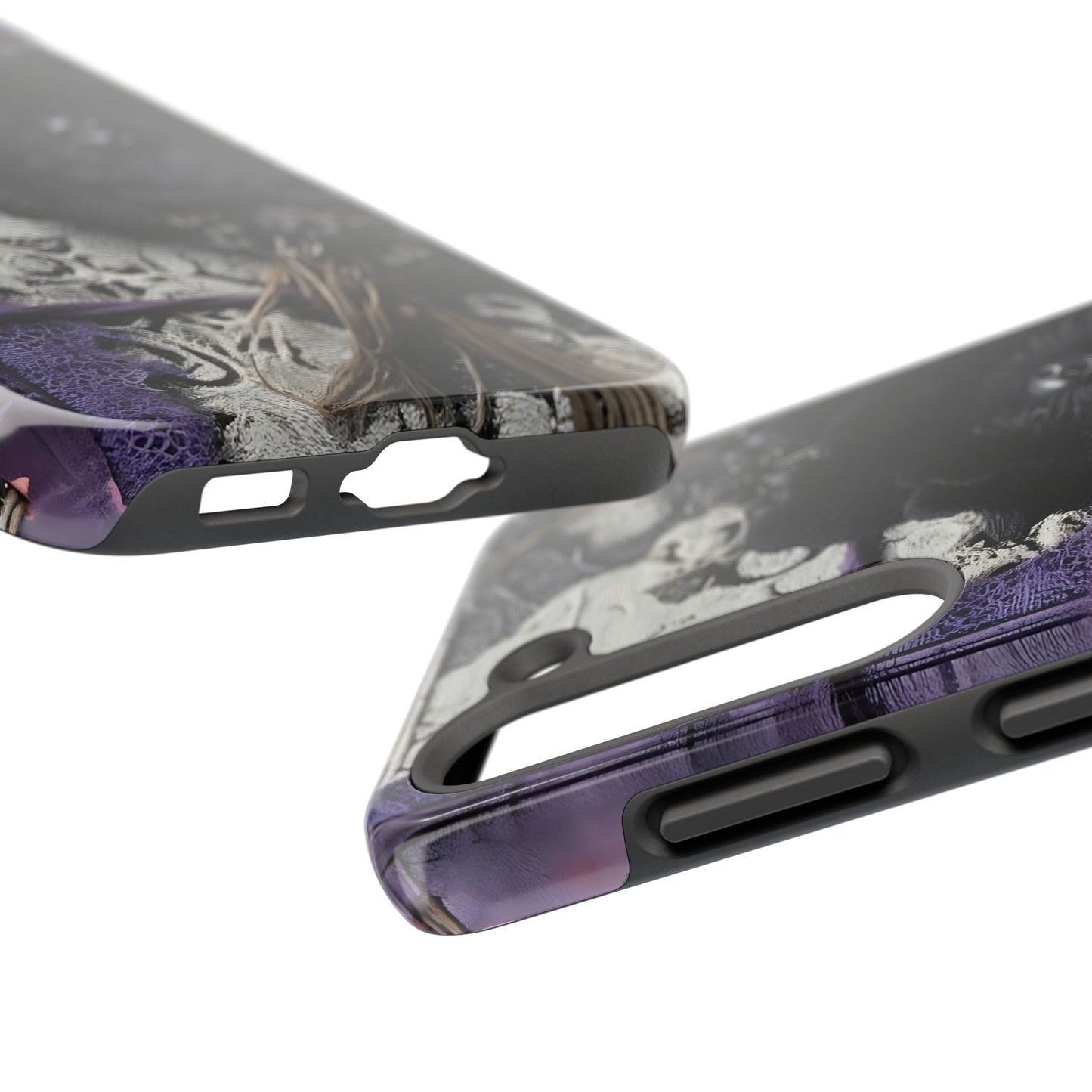 Gothic Skull Floral Tough Phone Case – Black Flower & Purple Accent Protective Cover