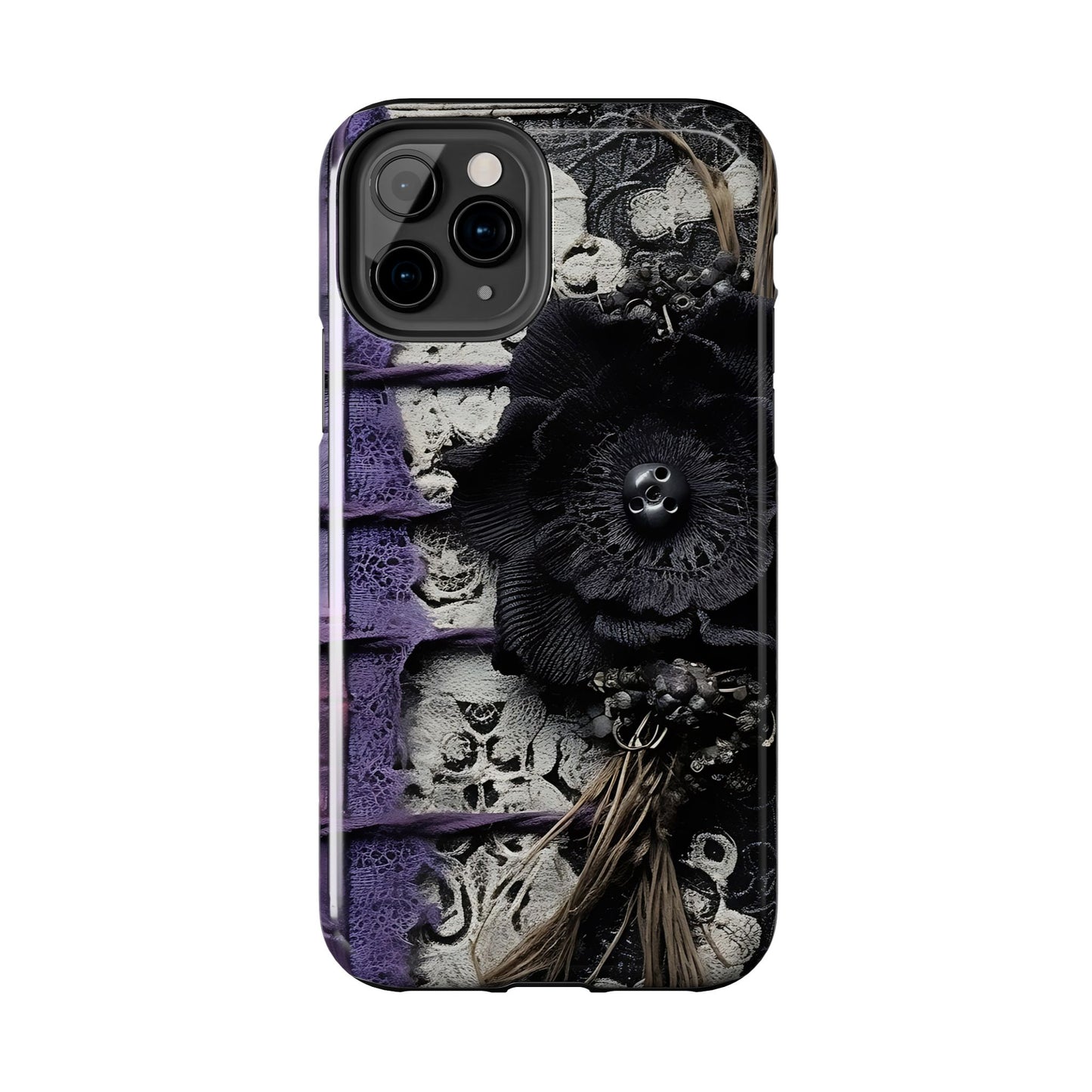 Gothic Skull Floral Tough Phone Case – Black Flower & Purple Accent Protective Cover