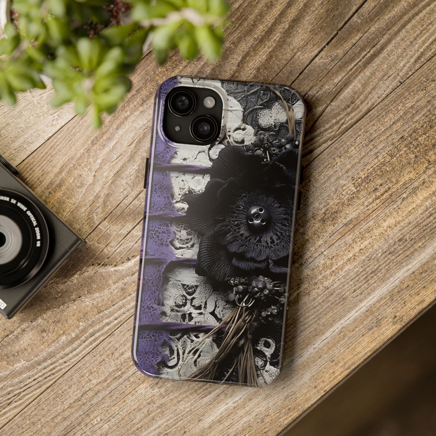 Gothic Skull Floral Tough Phone Case – Black Flower & Purple Accent Protective Cover