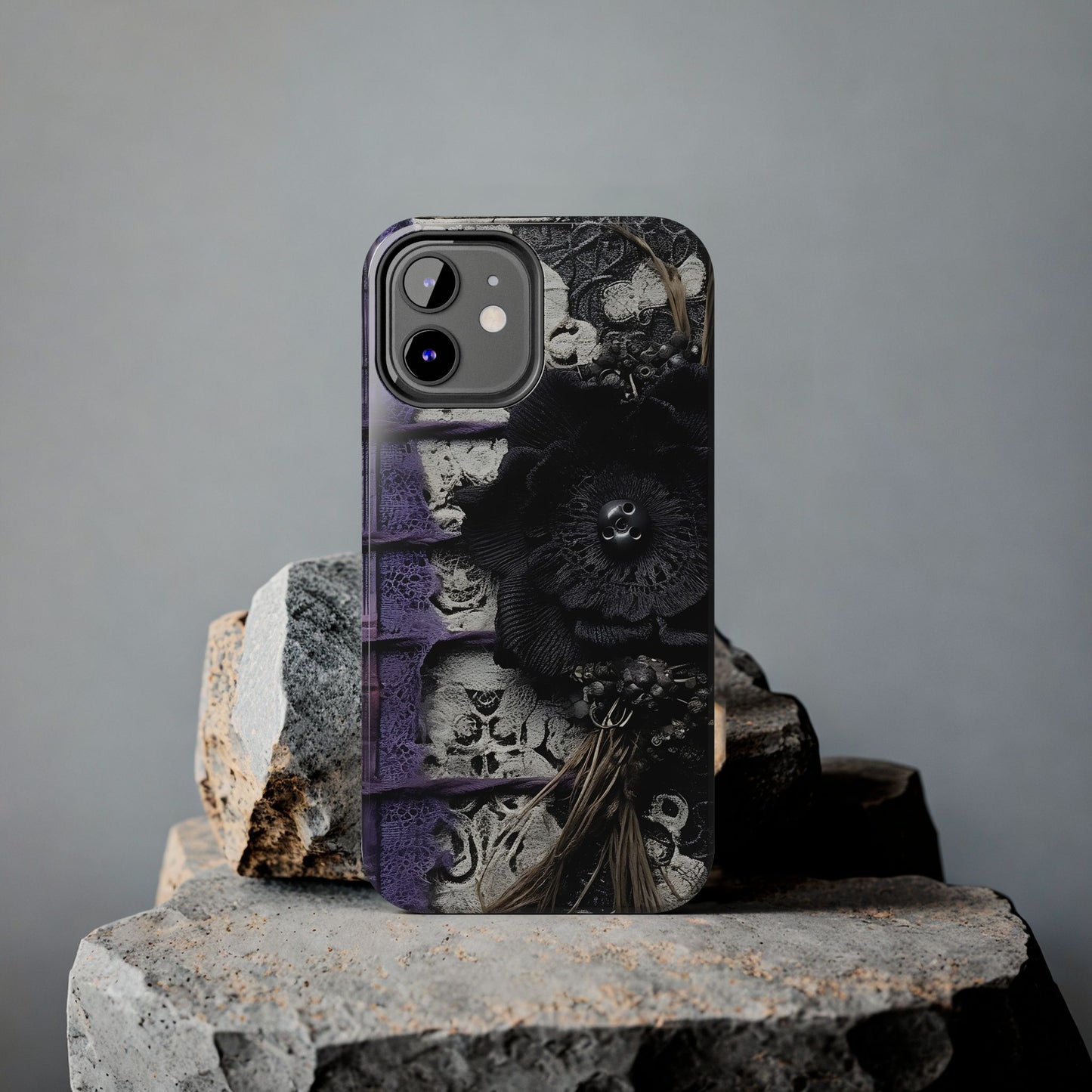 Gothic Skull Floral Tough Phone Case – Black Flower & Purple Accent Protective Cover