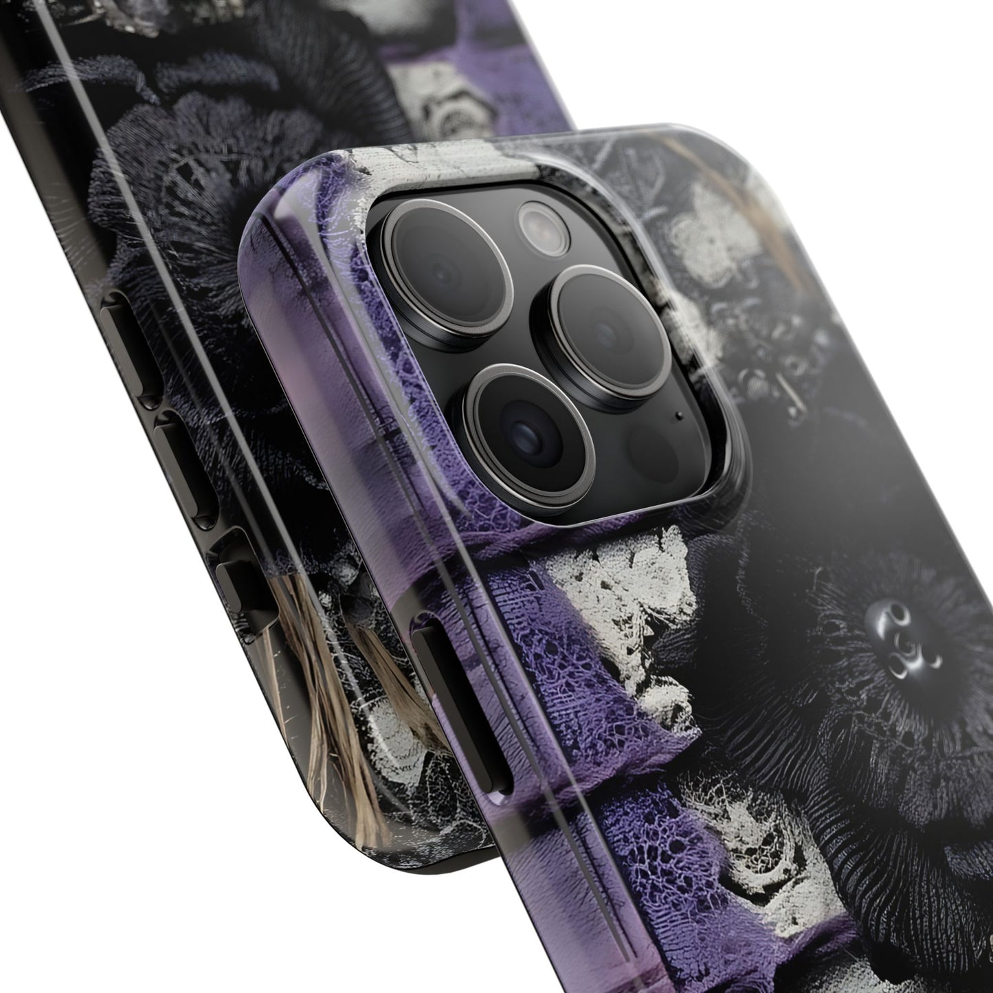 Gothic Skull Floral Tough Phone Case – Black Flower & Purple Accent Protective Cover