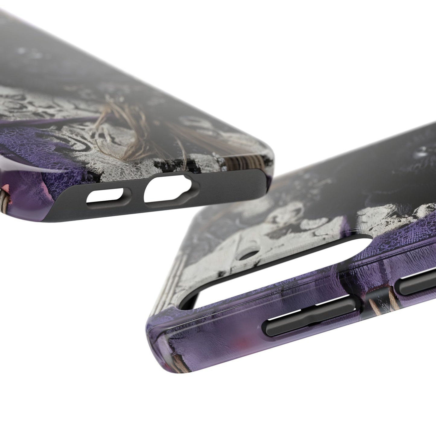 Gothic Skull Floral Tough Phone Case – Black Flower & Purple Accent Protective Cover