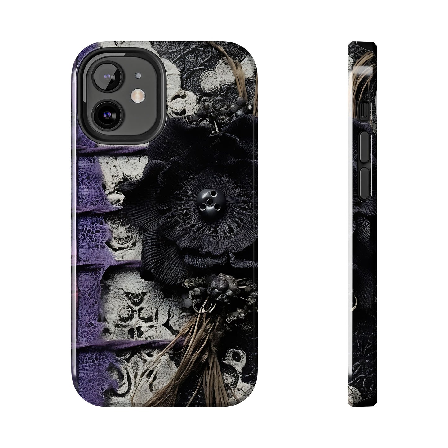 Gothic Skull Floral Tough Phone Case – Black Flower & Purple Accent Protective Cover