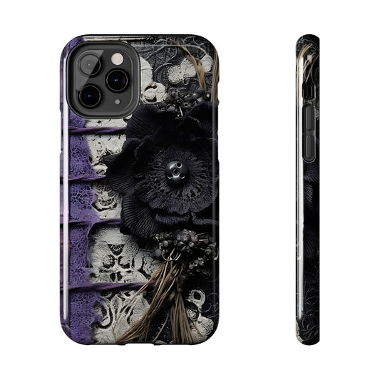 Gothic Skull Floral Tough Phone Case – Black Flower & Purple Accent Protective Cover