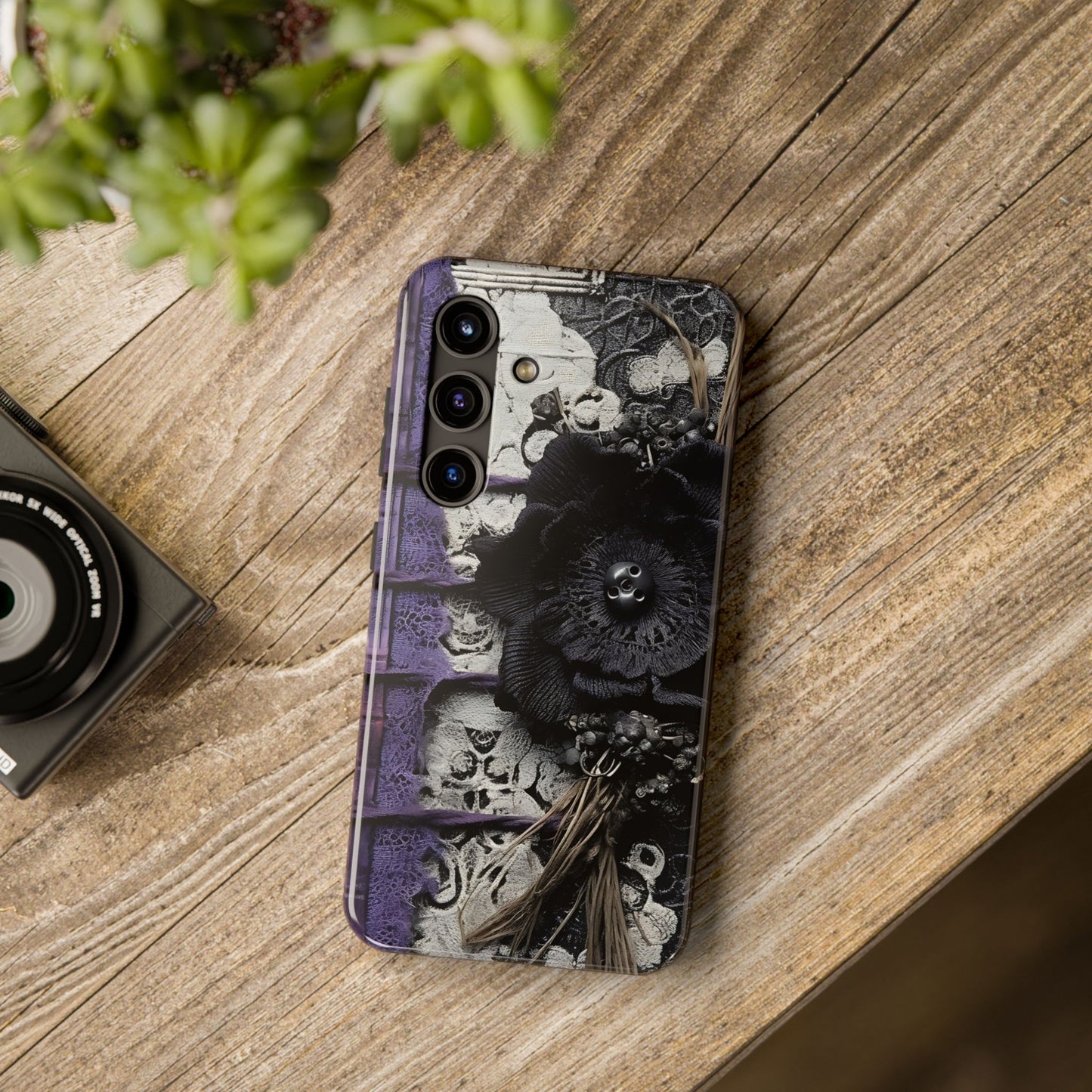 Gothic Skull Floral Tough Phone Case – Black Flower & Purple Accent Protective Cover