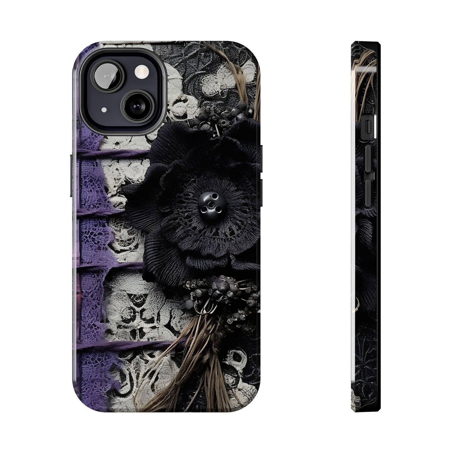 Gothic Skull Floral Tough Phone Case – Black Flower & Purple Accent Protective Cover