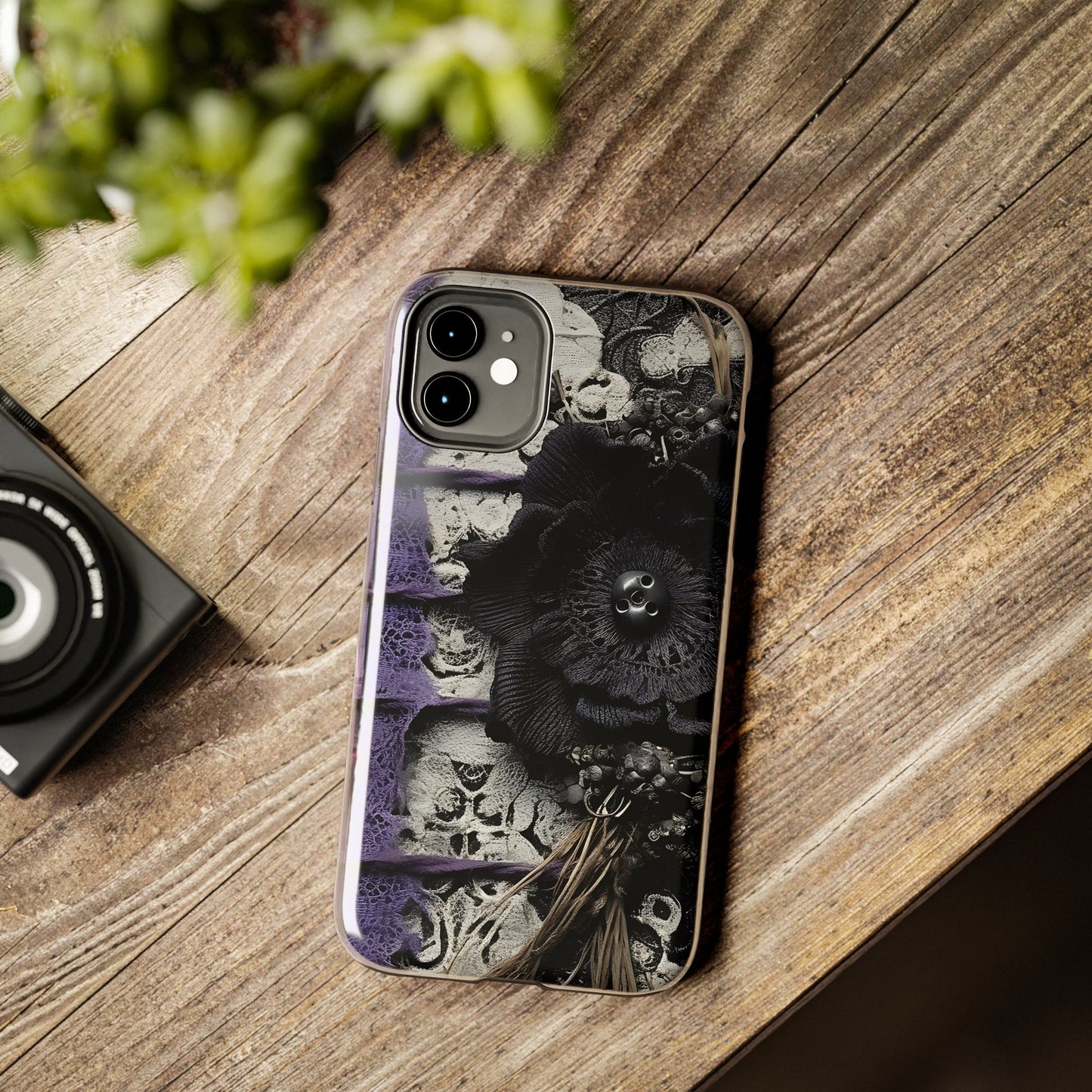 Gothic Skull Floral Tough Phone Case – Black Flower & Purple Accent Protective Cover