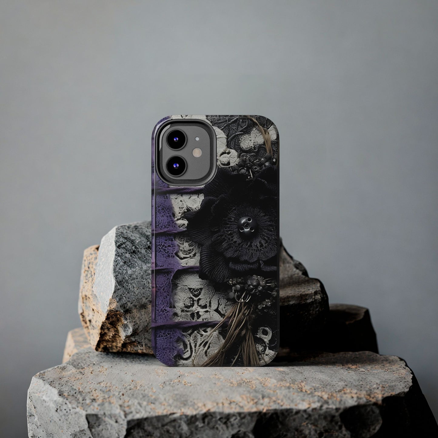 Gothic Skull Floral Tough Phone Case – Black Flower & Purple Accent Protective Cover