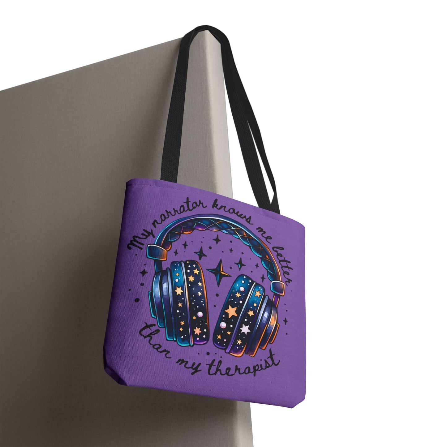 Galaxy Headphones Tote Bag — "My Narrator Knows Me Better Than My Therapist" Book Lover Tote