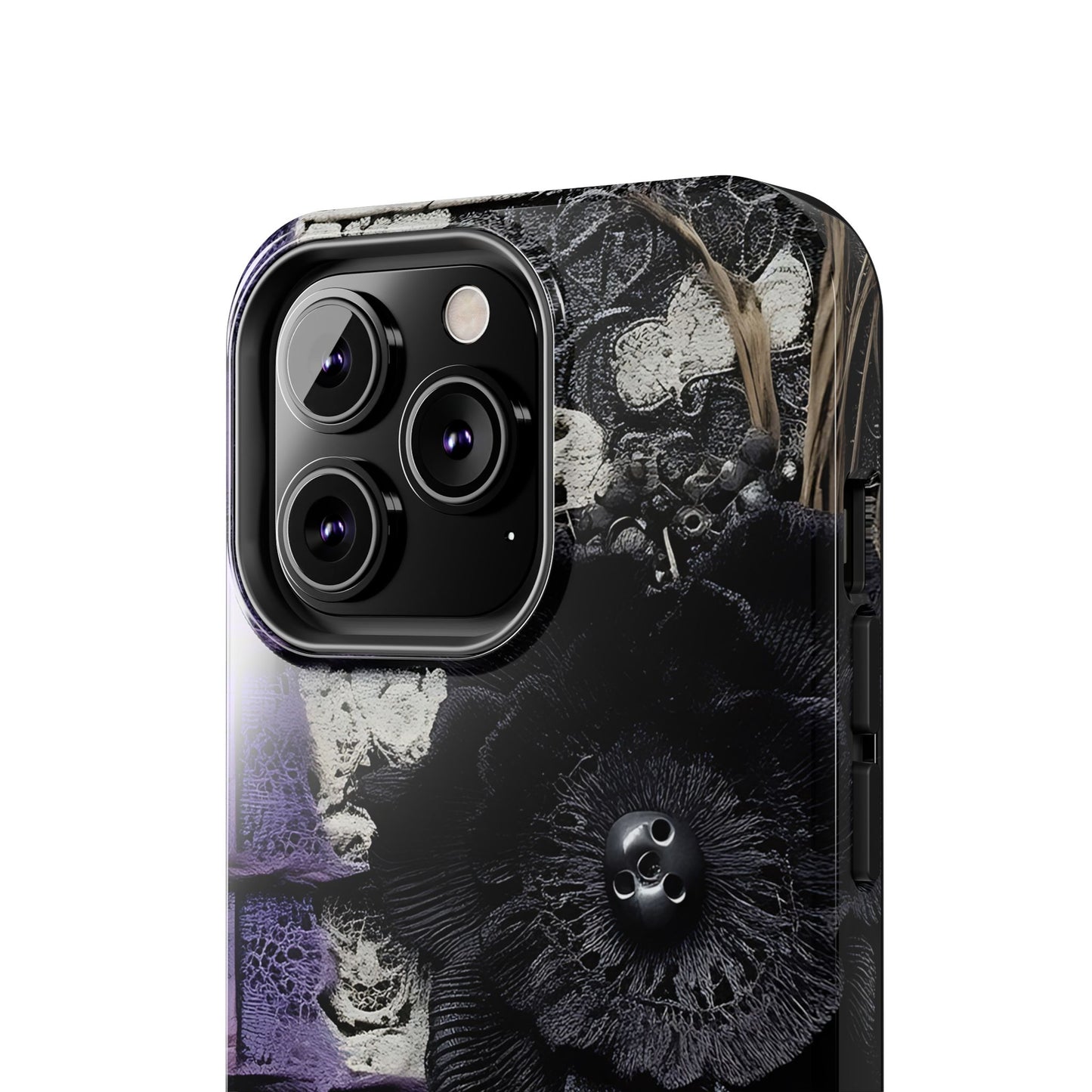 Gothic Skull Floral Tough Phone Case – Black Flower & Purple Accent Protective Cover