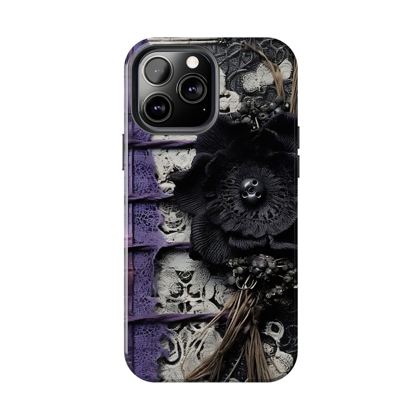 Gothic Skull Floral Tough Phone Case – Black Flower & Purple Accent Protective Cover