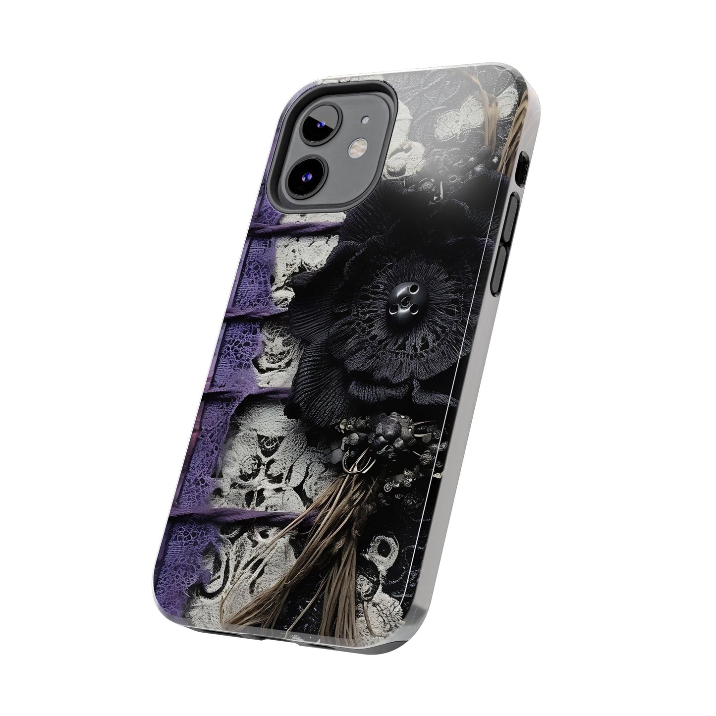 Gothic Skull Floral Tough Phone Case – Black Flower & Purple Accent Protective Cover