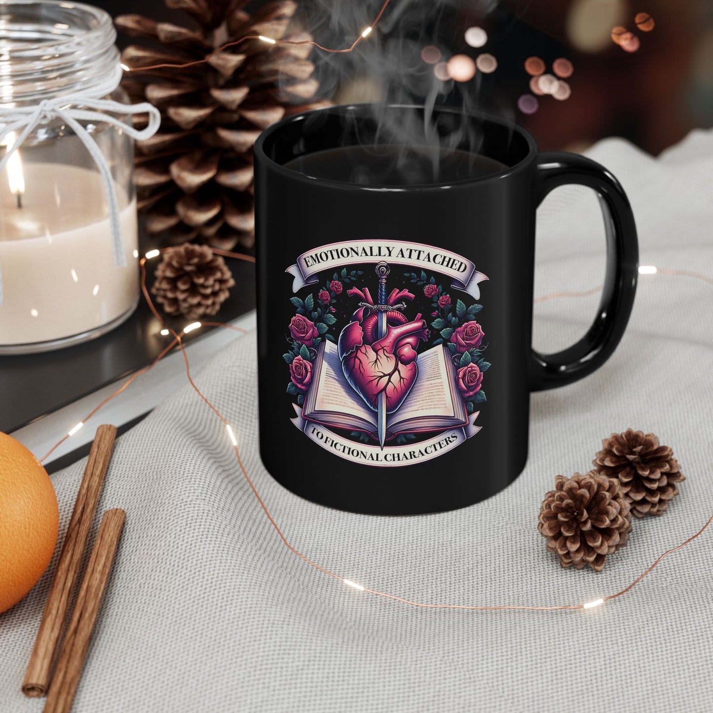 Emotionally Attached Booklover Mug — Heart & Roses Literary Coffee Cup (11oz/15oz)