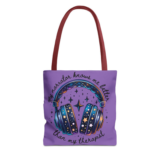 Galaxy Headphones Tote Bag — "My Narrator Knows Me Better Than My Therapist" Book Lover Tote