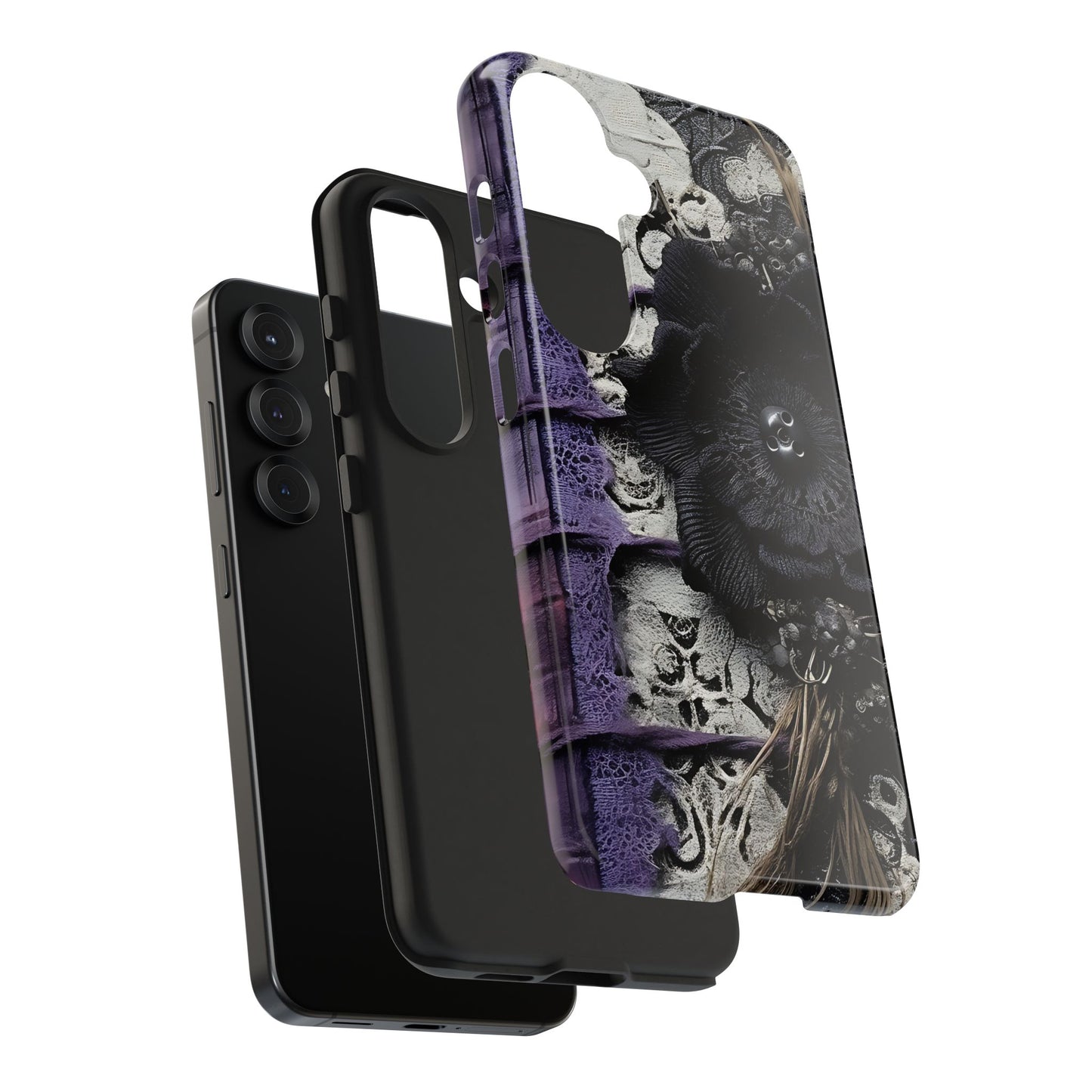 Gothic Skull Floral Tough Phone Case – Black Flower & Purple Accent Protective Cover