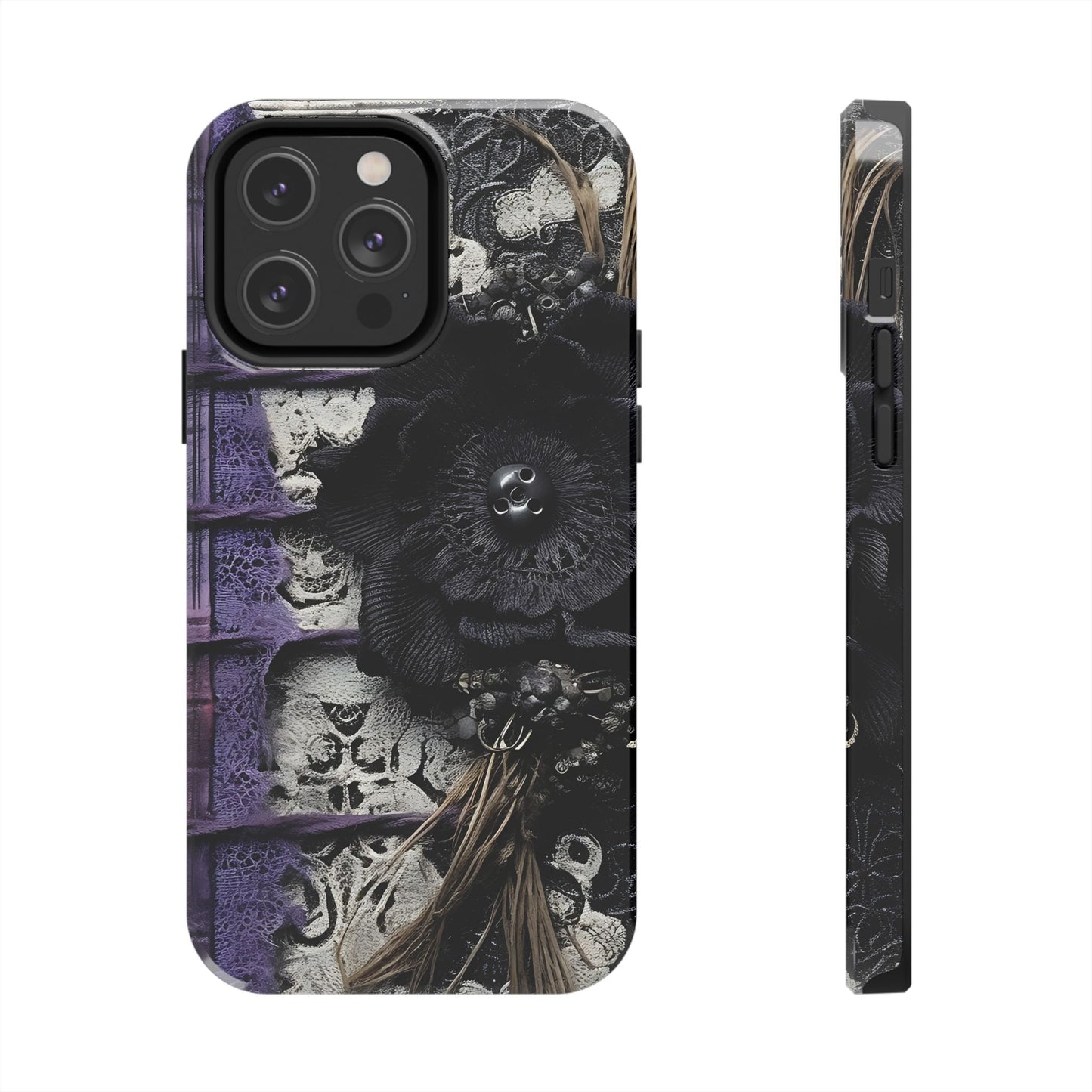 Gothic Skull Floral Tough Phone Case – Black Flower & Purple Accent Protective Cover