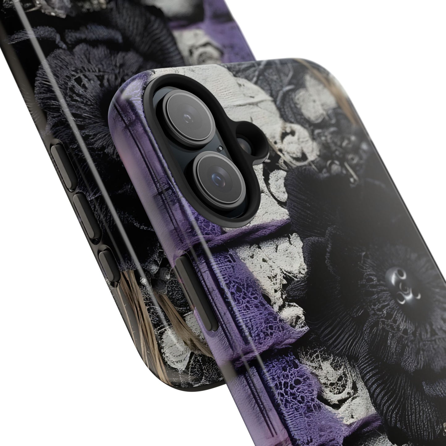 Gothic Skull Floral Tough Phone Case – Black Flower & Purple Accent Protective Cover