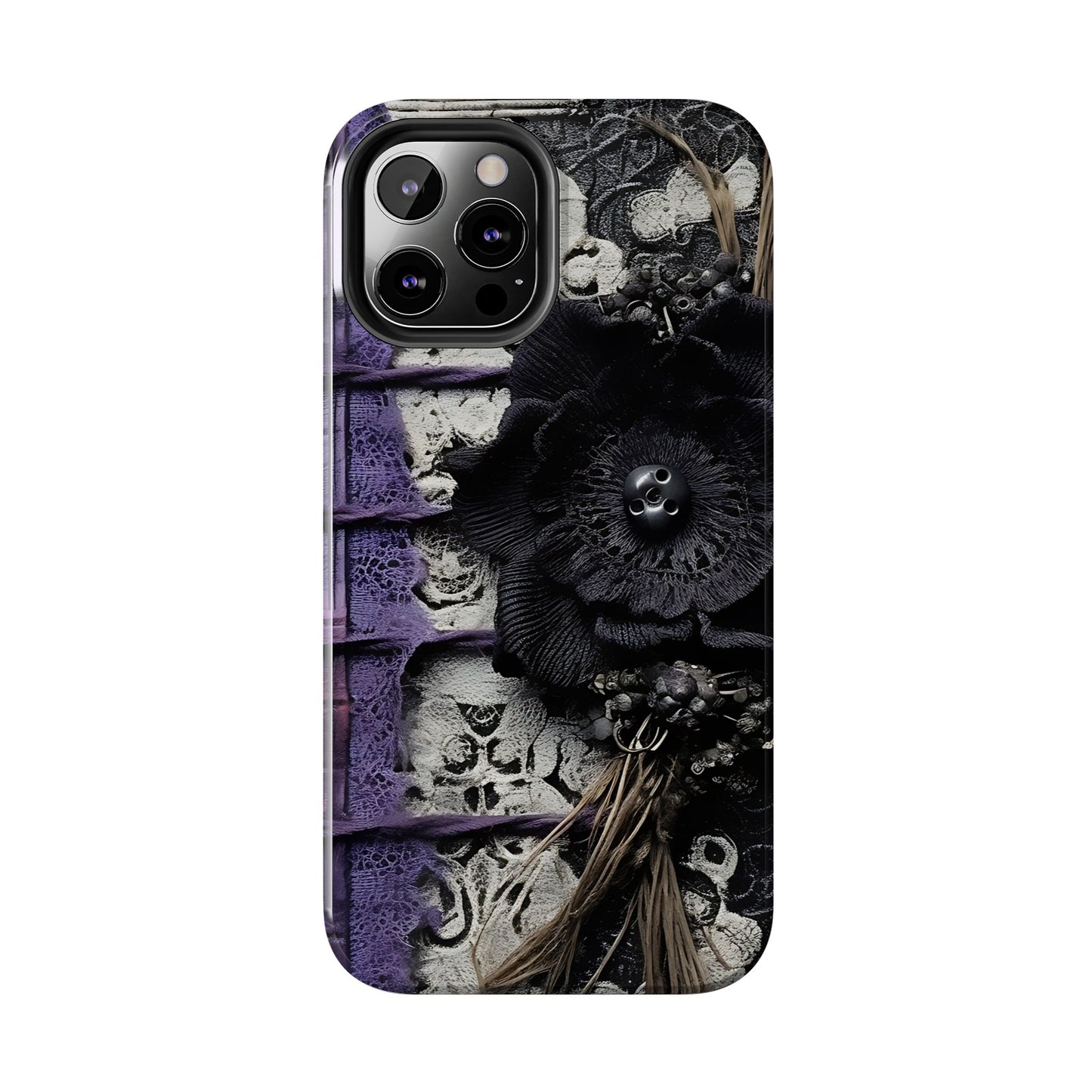 Gothic Skull Floral Tough Phone Case – Black Flower & Purple Accent Protective Cover