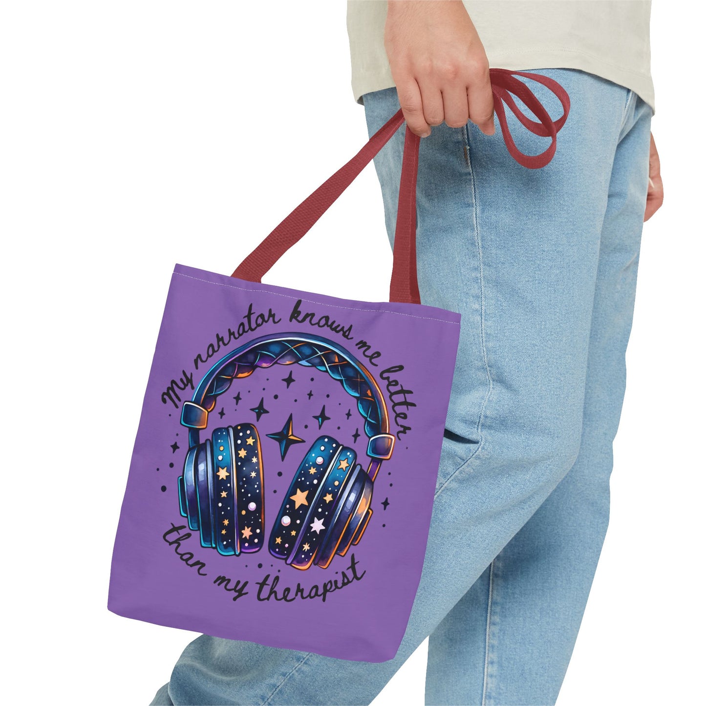 Galaxy Headphones Tote Bag — "My Narrator Knows Me Better Than My Therapist" Book Lover Tote