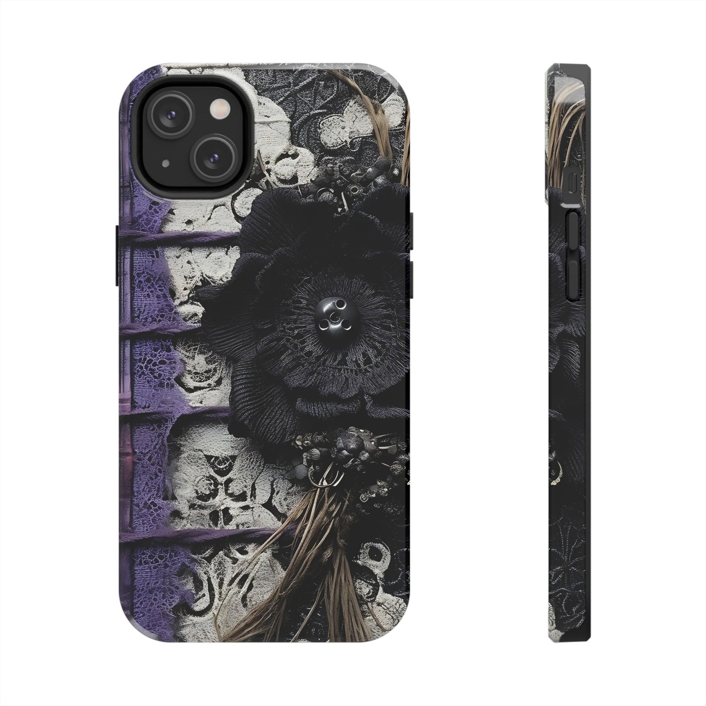 Gothic Skull Floral Tough Phone Case – Black Flower & Purple Accent Protective Cover