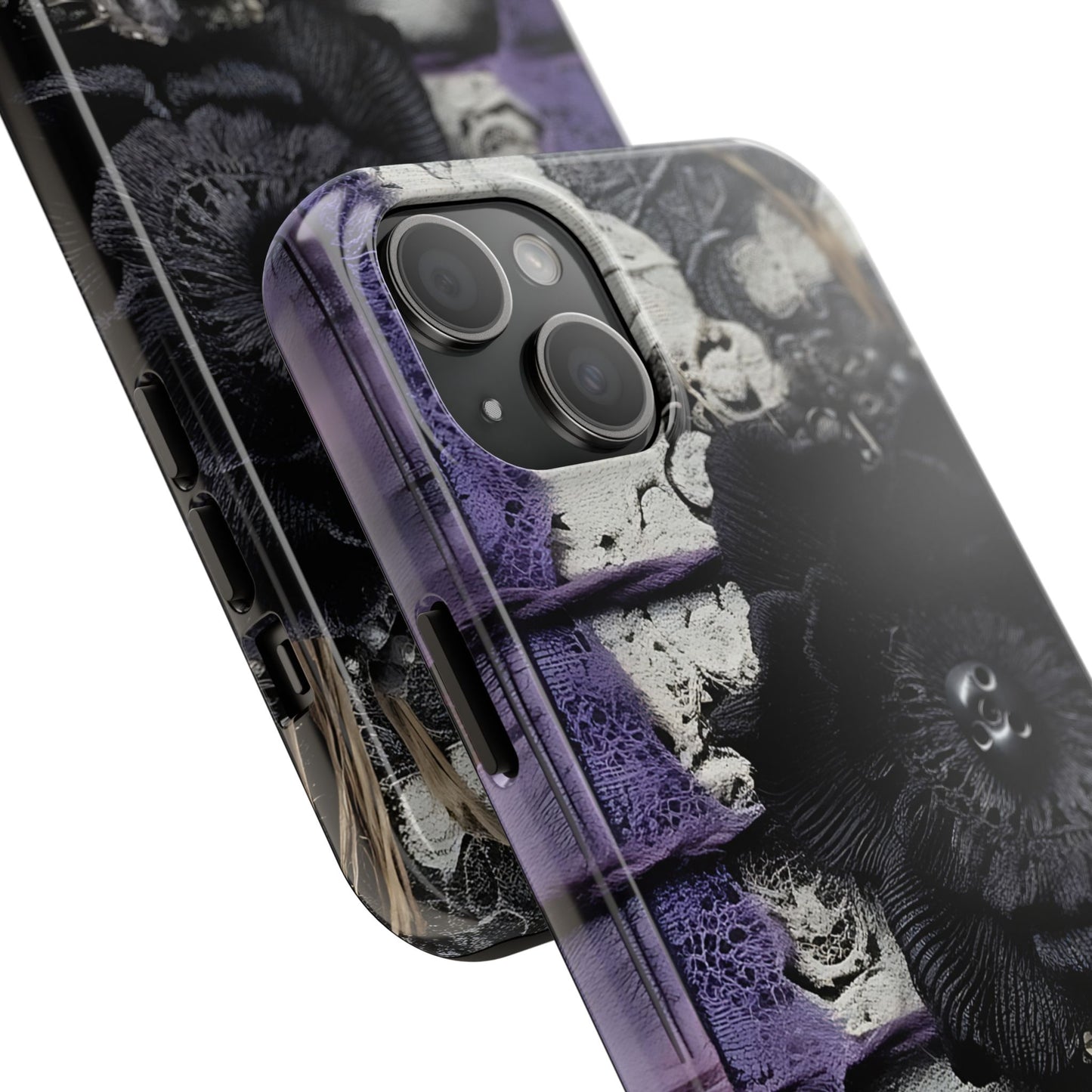 Gothic Skull Floral Tough Phone Case – Black Flower & Purple Accent Protective Cover