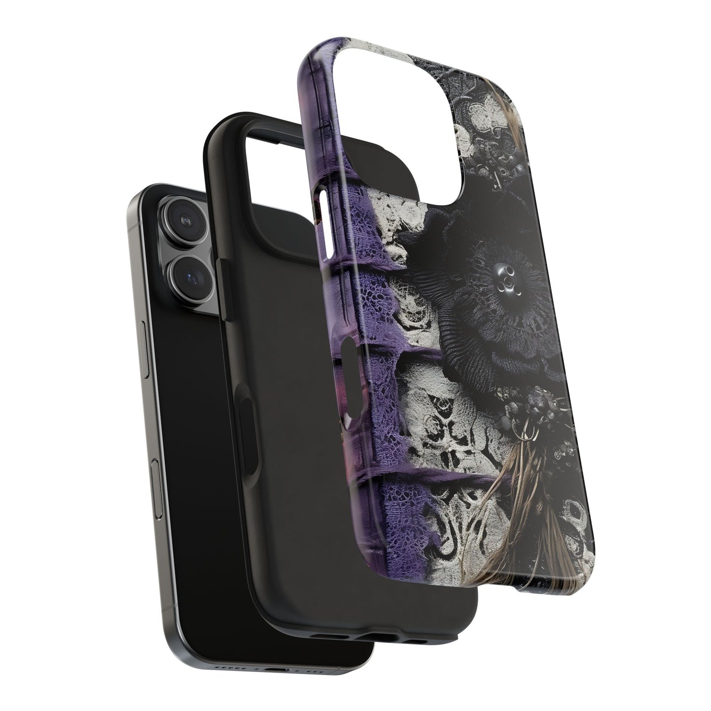Gothic Skull Floral Tough Phone Case – Black Flower & Purple Accent Protective Cover