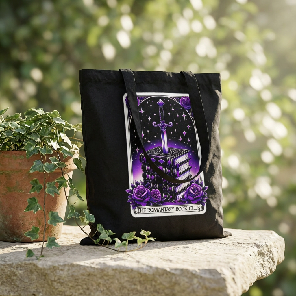 Romantic Fantasy Book Club Tote — Gothic Sword & Stacked Books Organic Cotton Tote