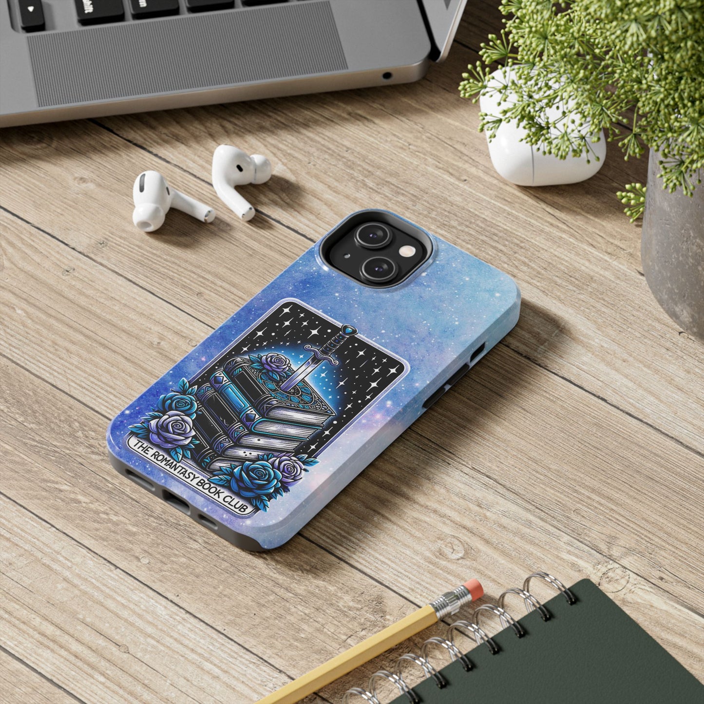 Fantasy Book Club Tough Phone Case — Sword & Stacked Books Design