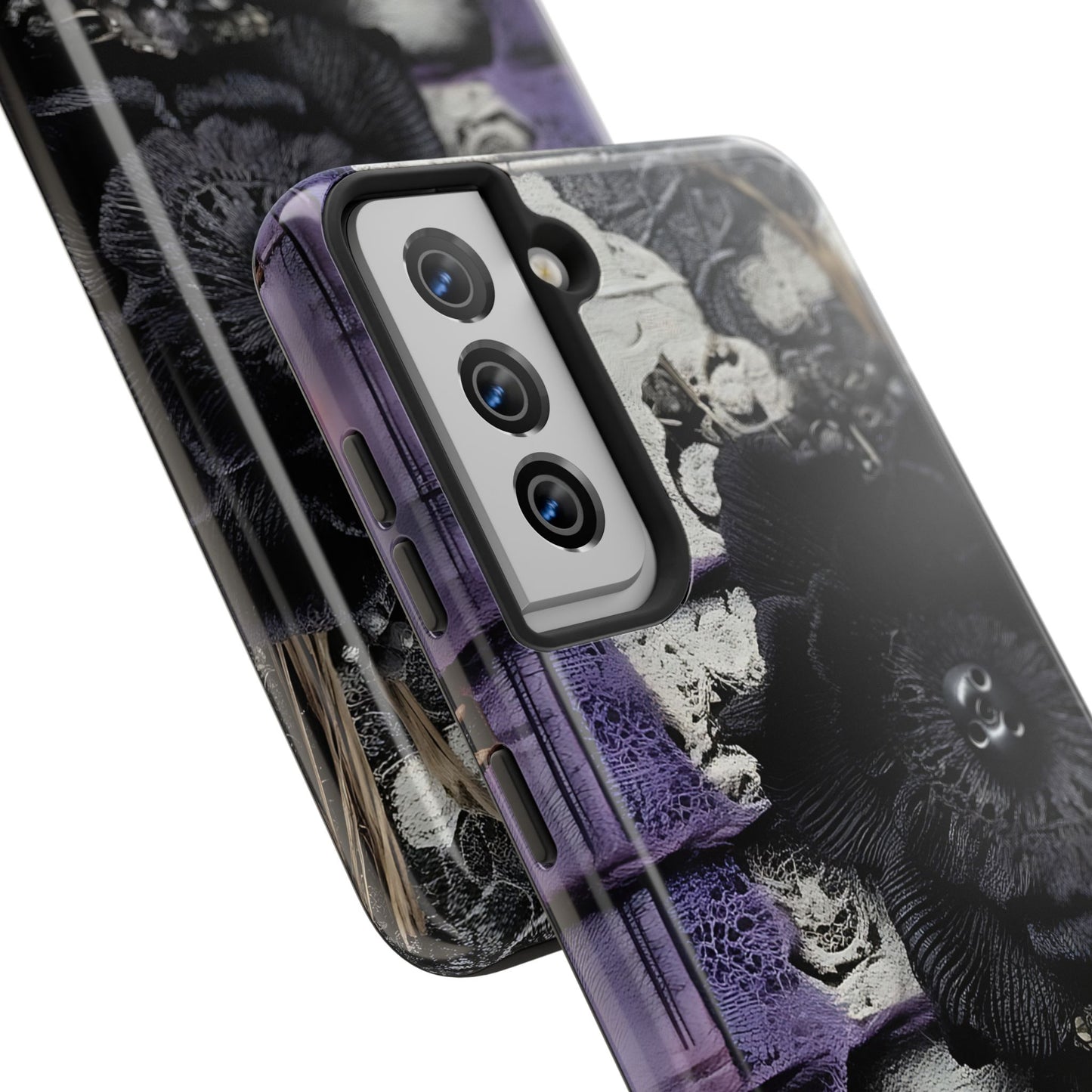 Gothic Skull Floral Tough Phone Case – Black Flower & Purple Accent Protective Cover