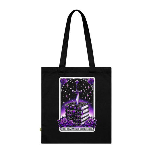 Romantic Fantasy Book Club Tote — Gothic Sword & Stacked Books Organic Cotton Tote