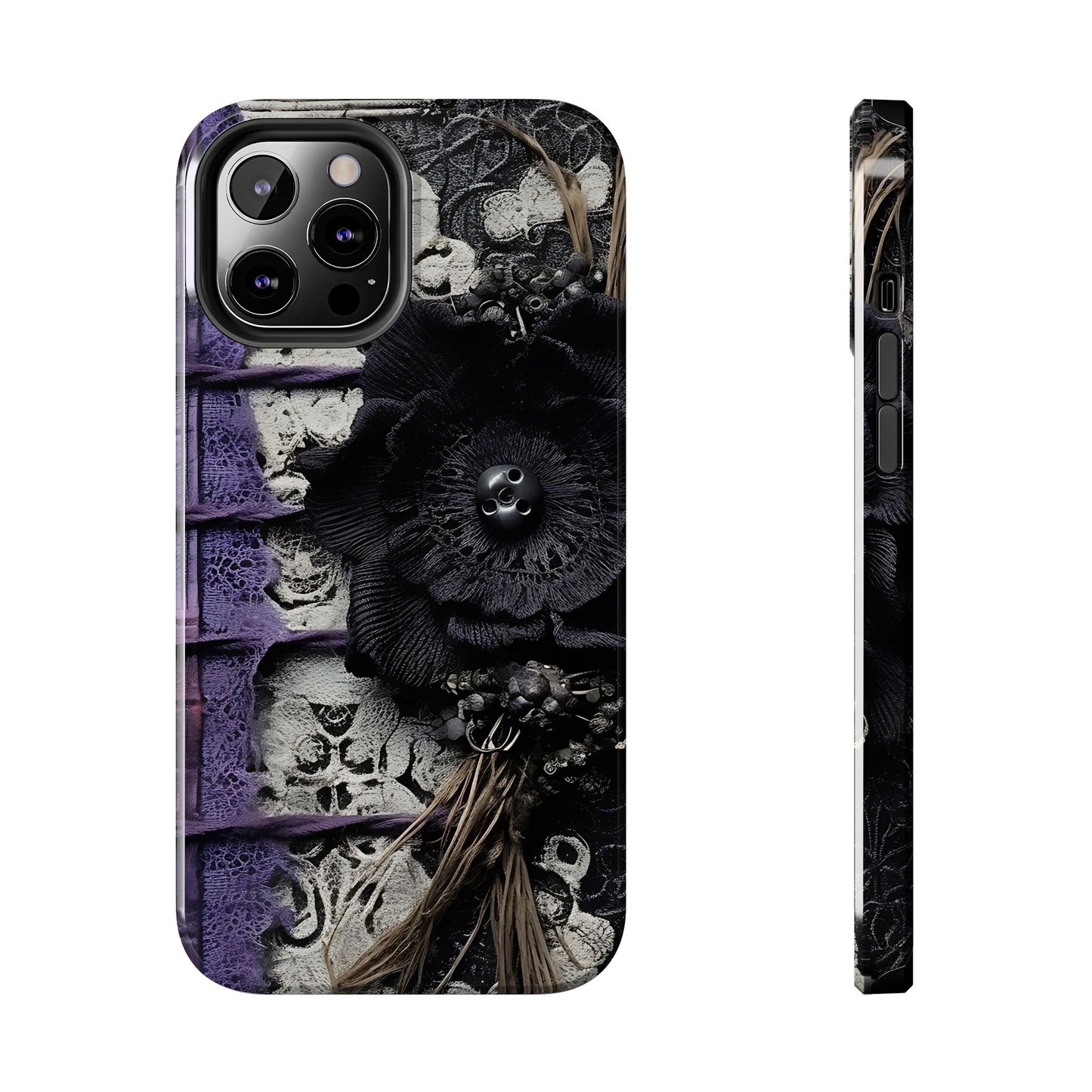 Gothic Skull Floral Tough Phone Case – Black Flower & Purple Accent Protective Cover