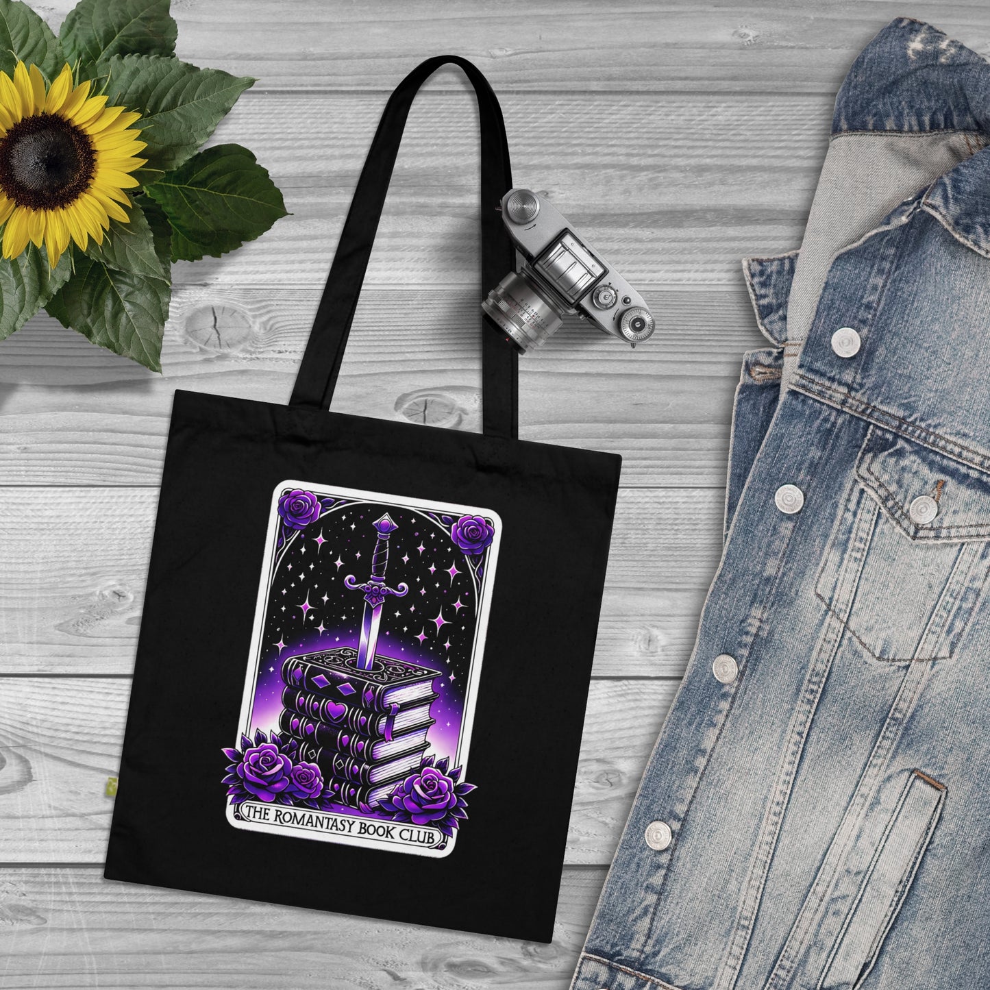 Romantic Fantasy Book Club Tote — Gothic Sword & Stacked Books Organic Cotton Tote