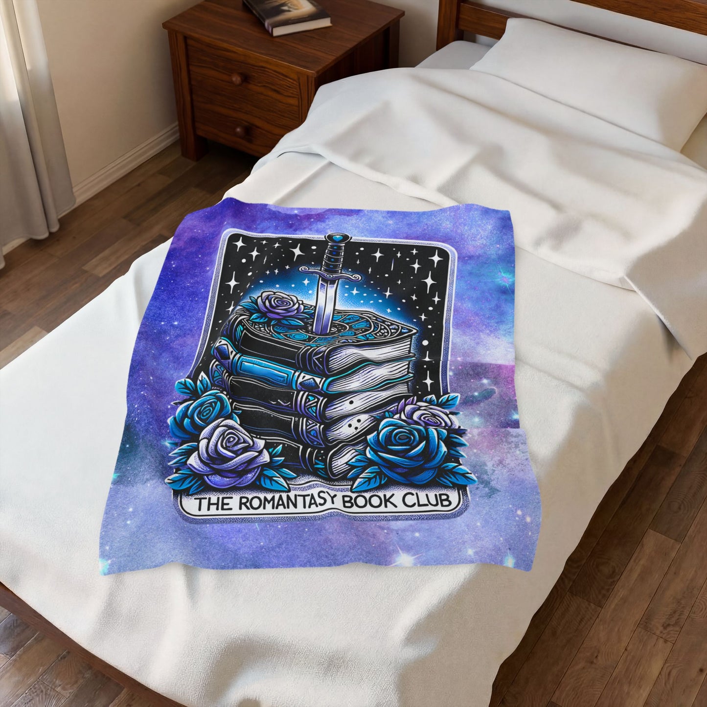 Romantasy Book Club Velveteen Plush Blanket — Fantasy Books & Sword Design