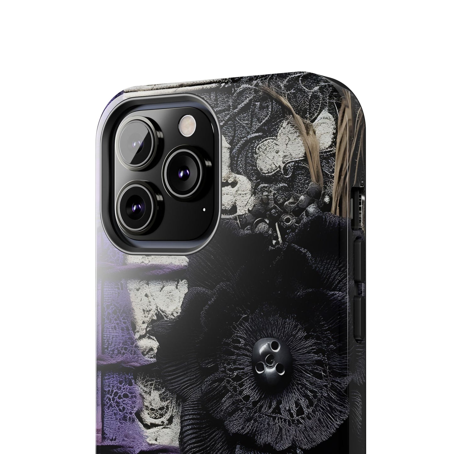 Gothic Skull Floral Tough Phone Case – Black Flower & Purple Accent Protective Cover