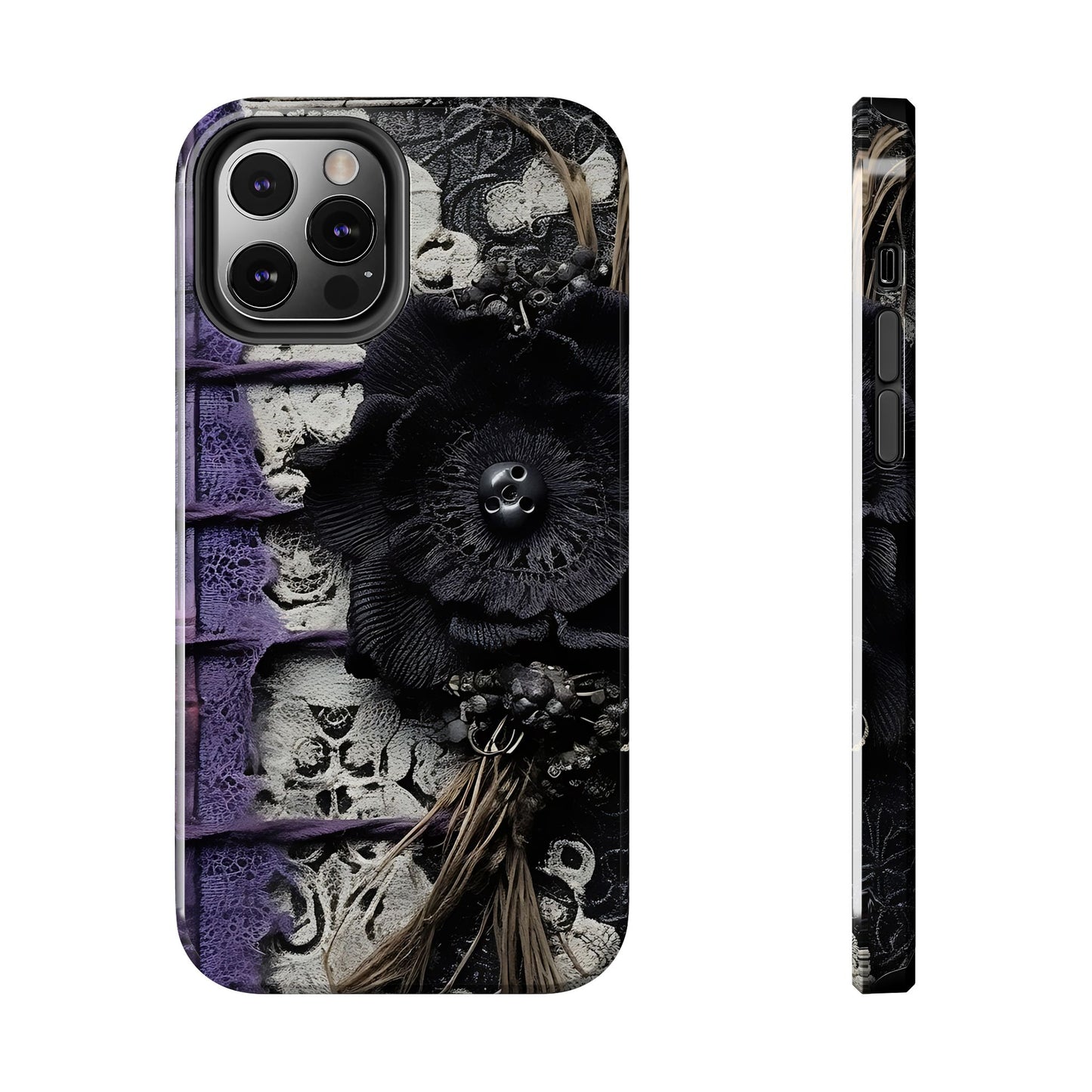 Gothic Skull Floral Tough Phone Case – Black Flower & Purple Accent Protective Cover