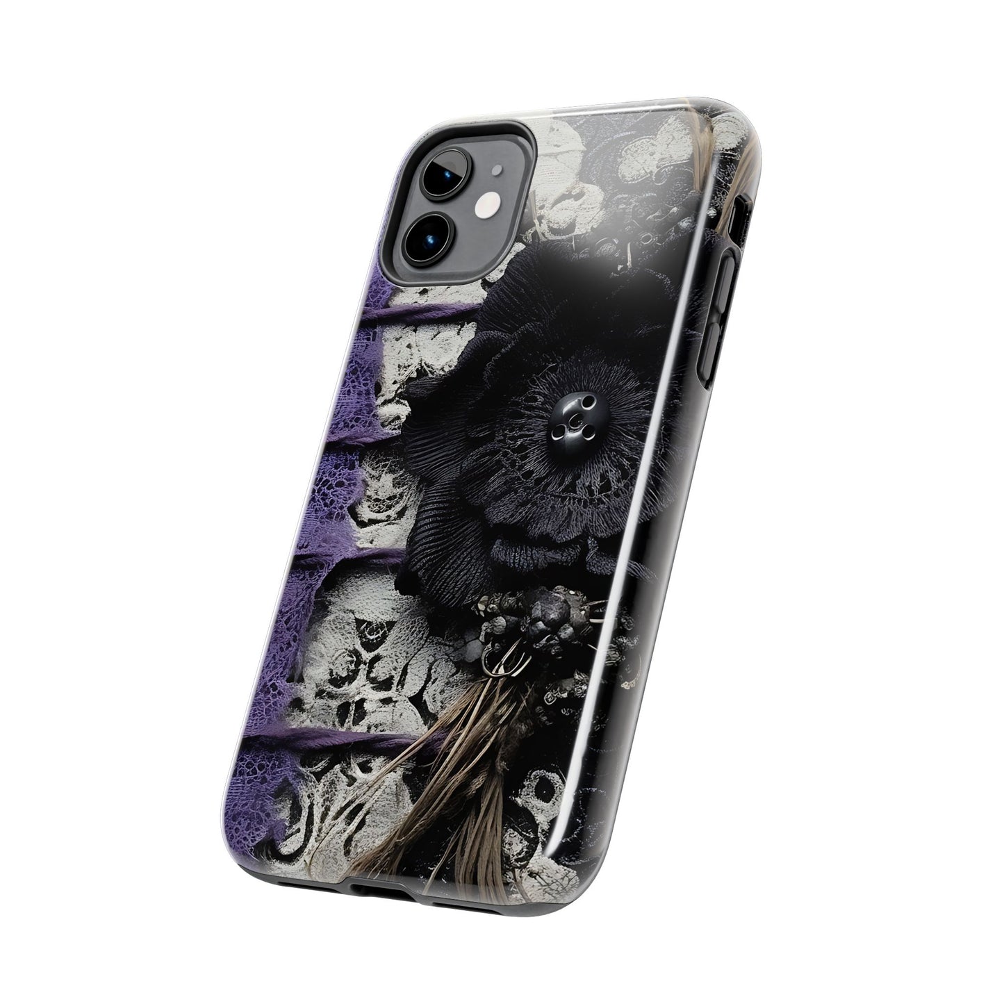 Gothic Skull Floral Tough Phone Case – Black Flower & Purple Accent Protective Cover