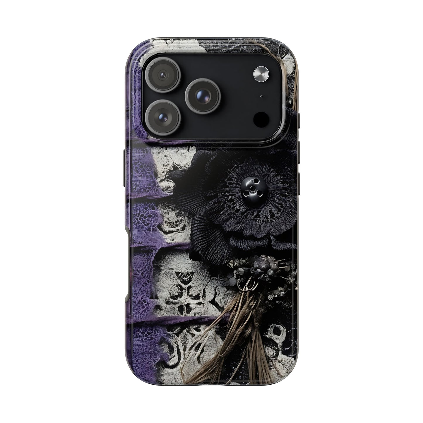 Gothic Skull Floral Tough Phone Case – Black Flower & Purple Accent Protective Cover