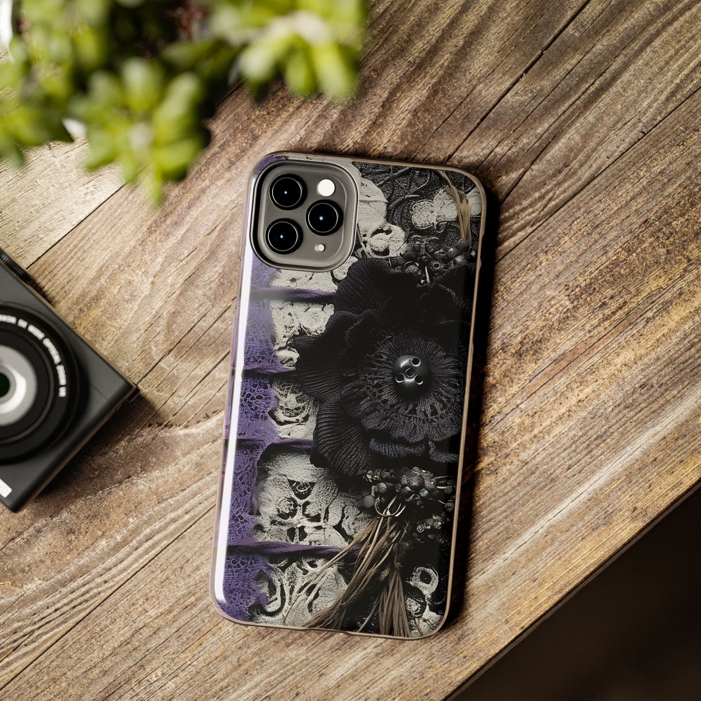 Gothic Skull Floral Tough Phone Case – Black Flower & Purple Accent Protective Cover