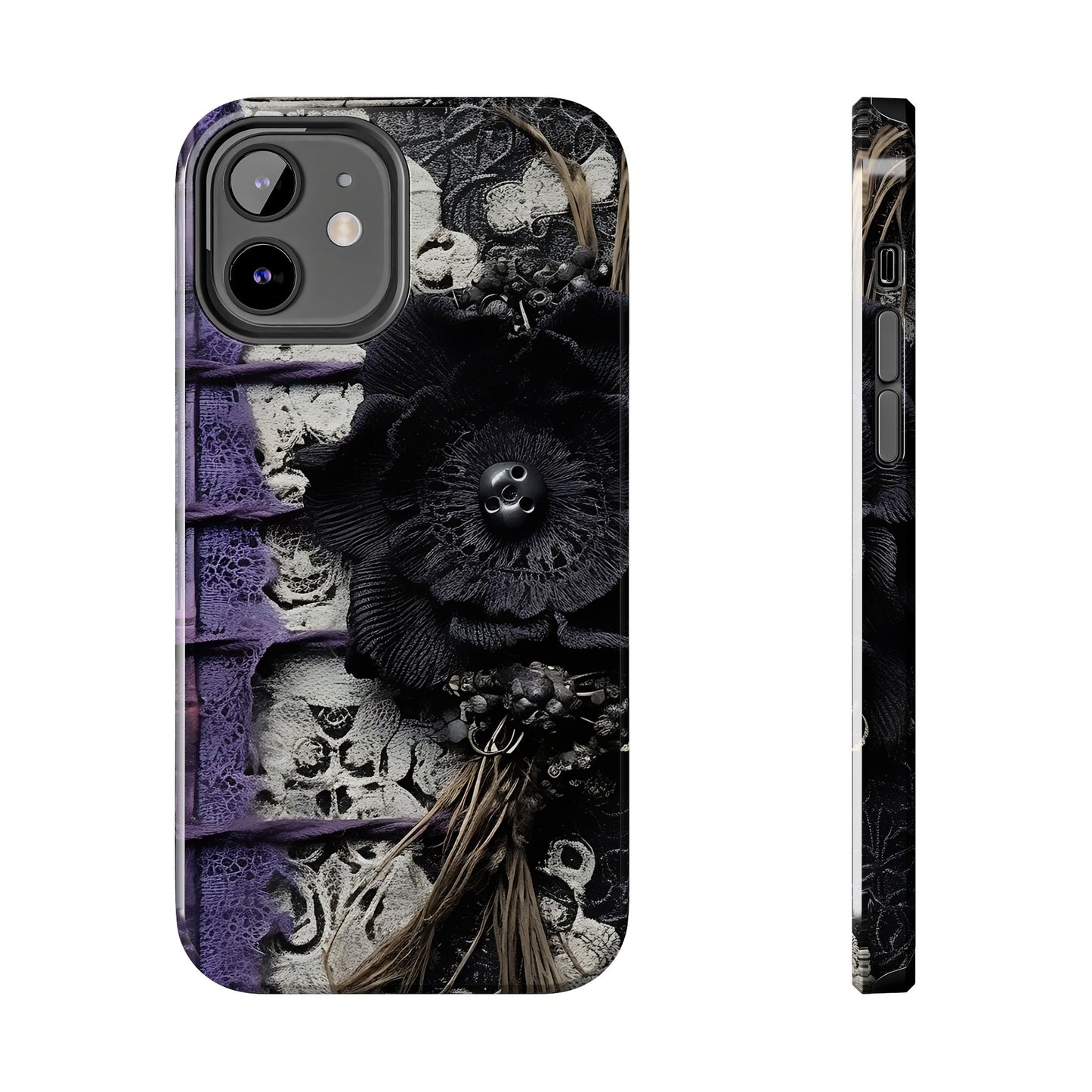Gothic Skull Floral Tough Phone Case – Black Flower & Purple Accent Protective Cover