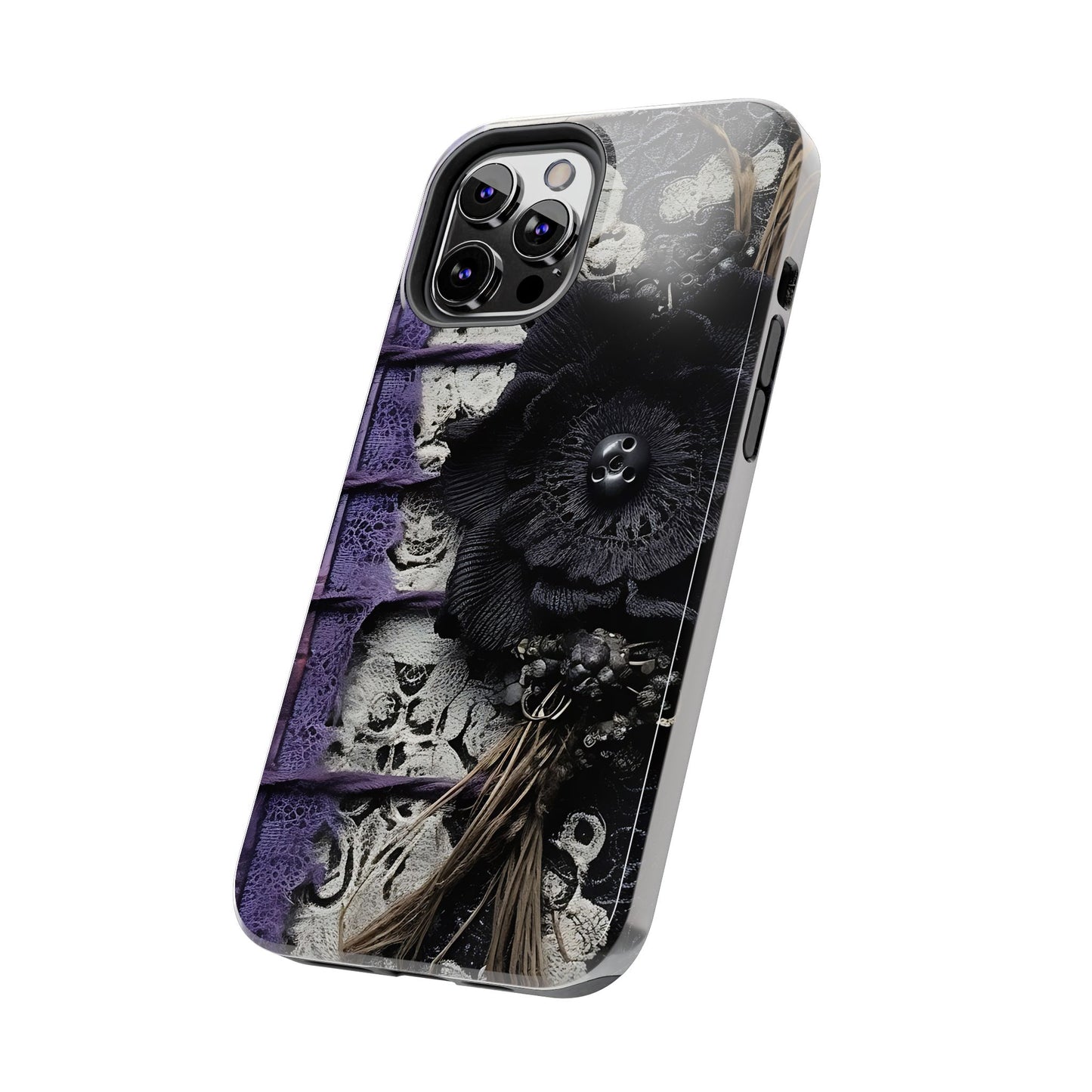 Gothic Skull Floral Tough Phone Case – Black Flower & Purple Accent Protective Cover