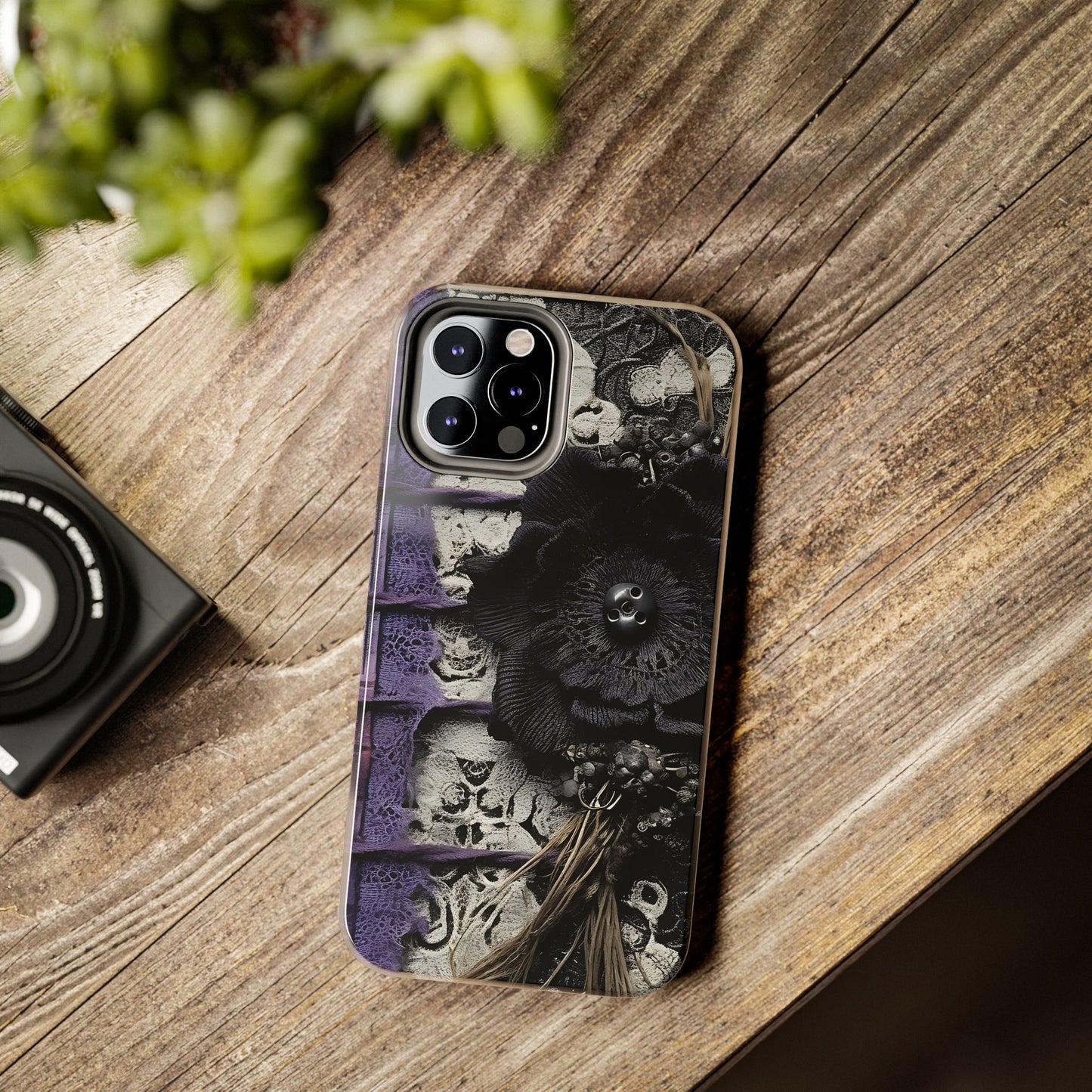 Gothic Skull Floral Tough Phone Case – Black Flower & Purple Accent Protective Cover