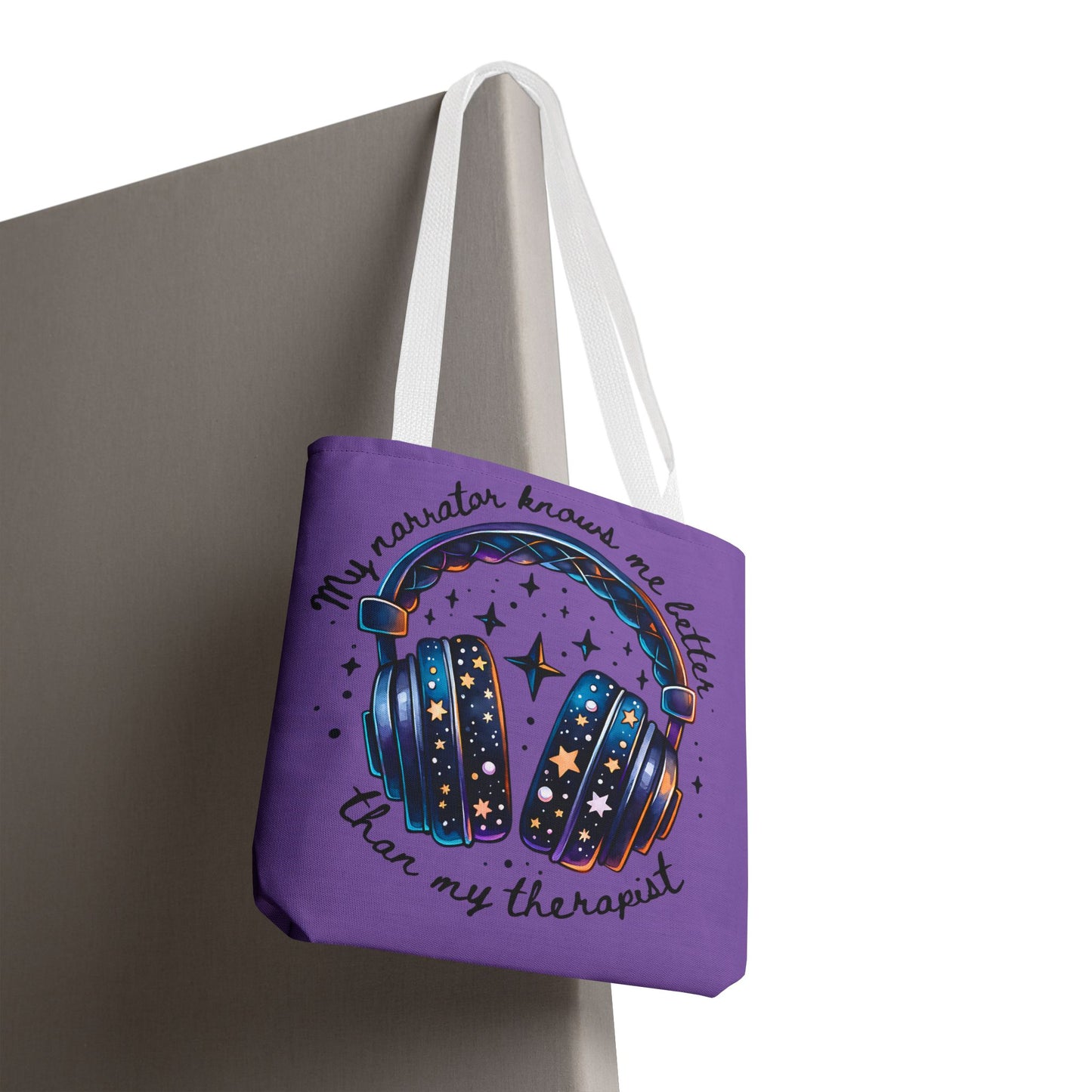 Galaxy Headphones Tote Bag — "My Narrator Knows Me Better Than My Therapist" Book Lover Tote