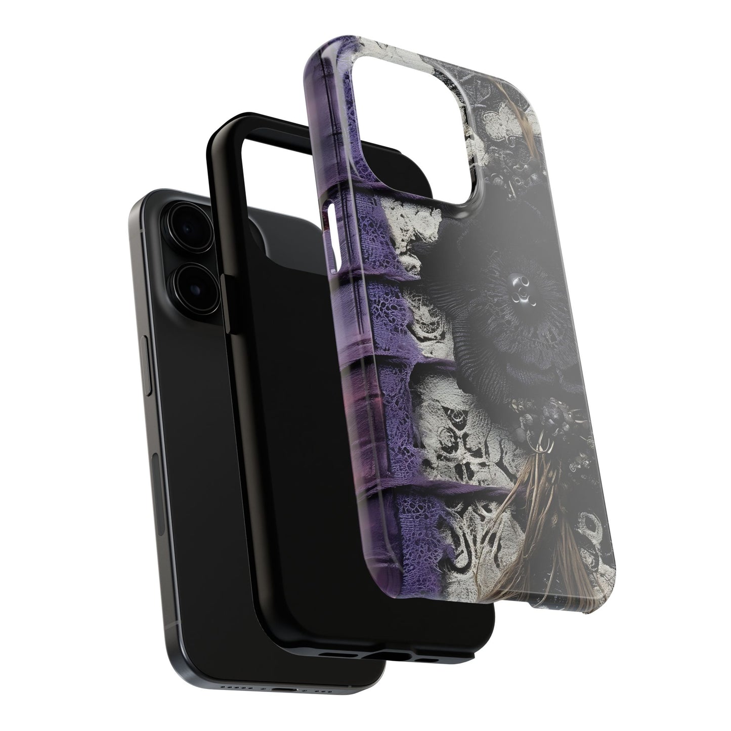 Gothic Skull Floral Tough Phone Case – Black Flower & Purple Accent Protective Cover