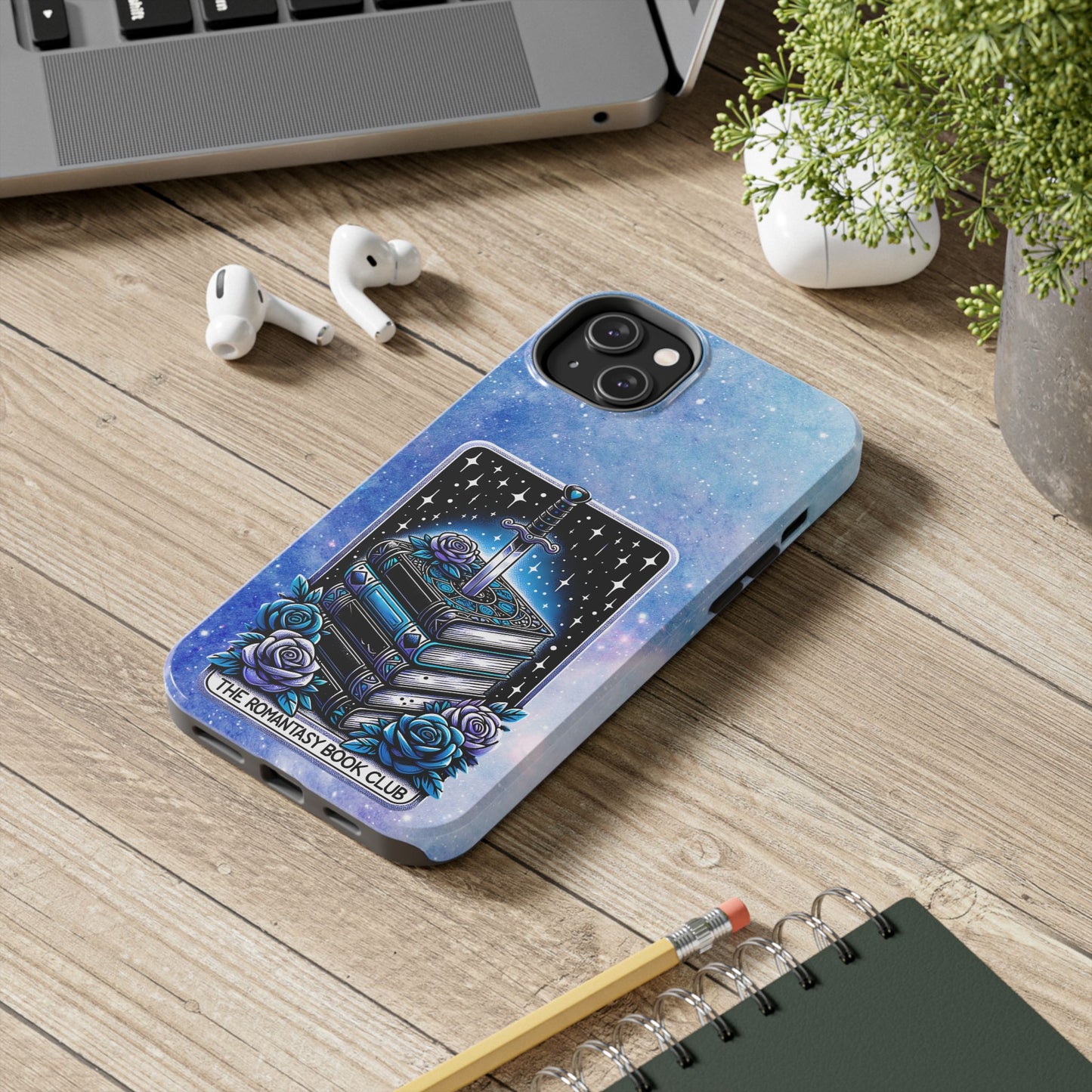 Fantasy Book Club Tough Phone Case — Sword & Stacked Books Design
