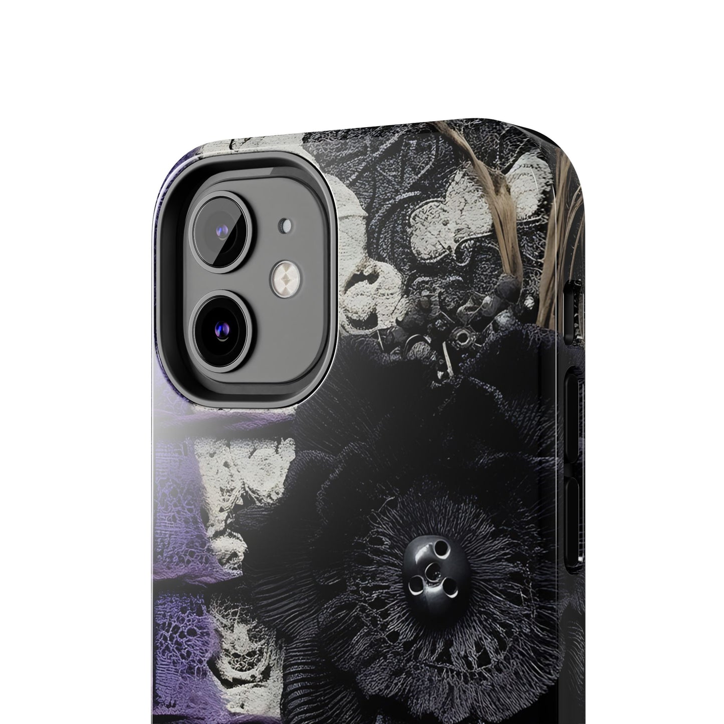 Gothic Skull Floral Tough Phone Case – Black Flower & Purple Accent Protective Cover