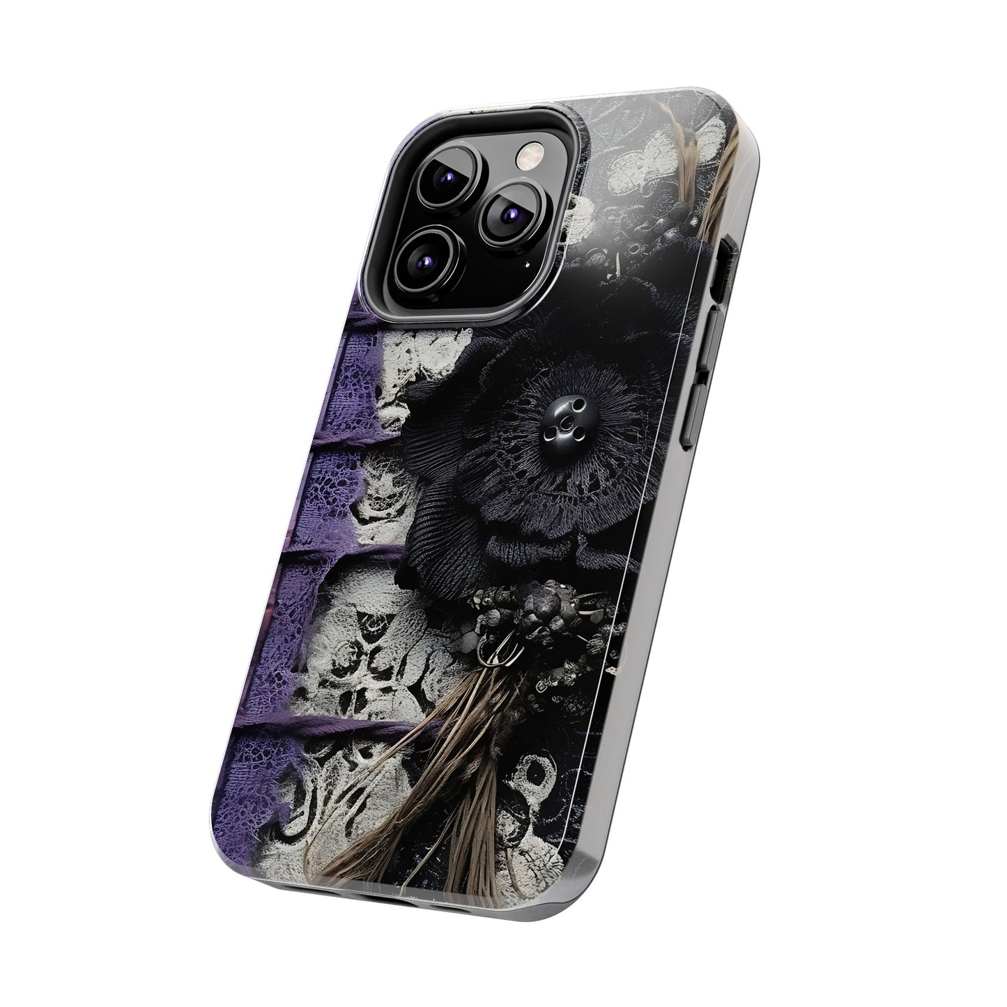 Gothic Skull Floral Tough Phone Case – Black Flower & Purple Accent Protective Cover