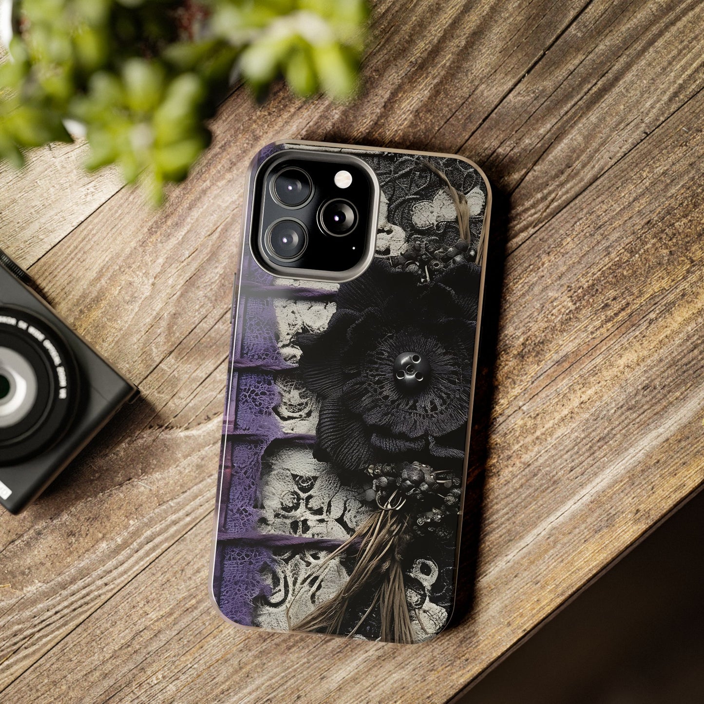 Gothic Skull Floral Tough Phone Case – Black Flower & Purple Accent Protective Cover