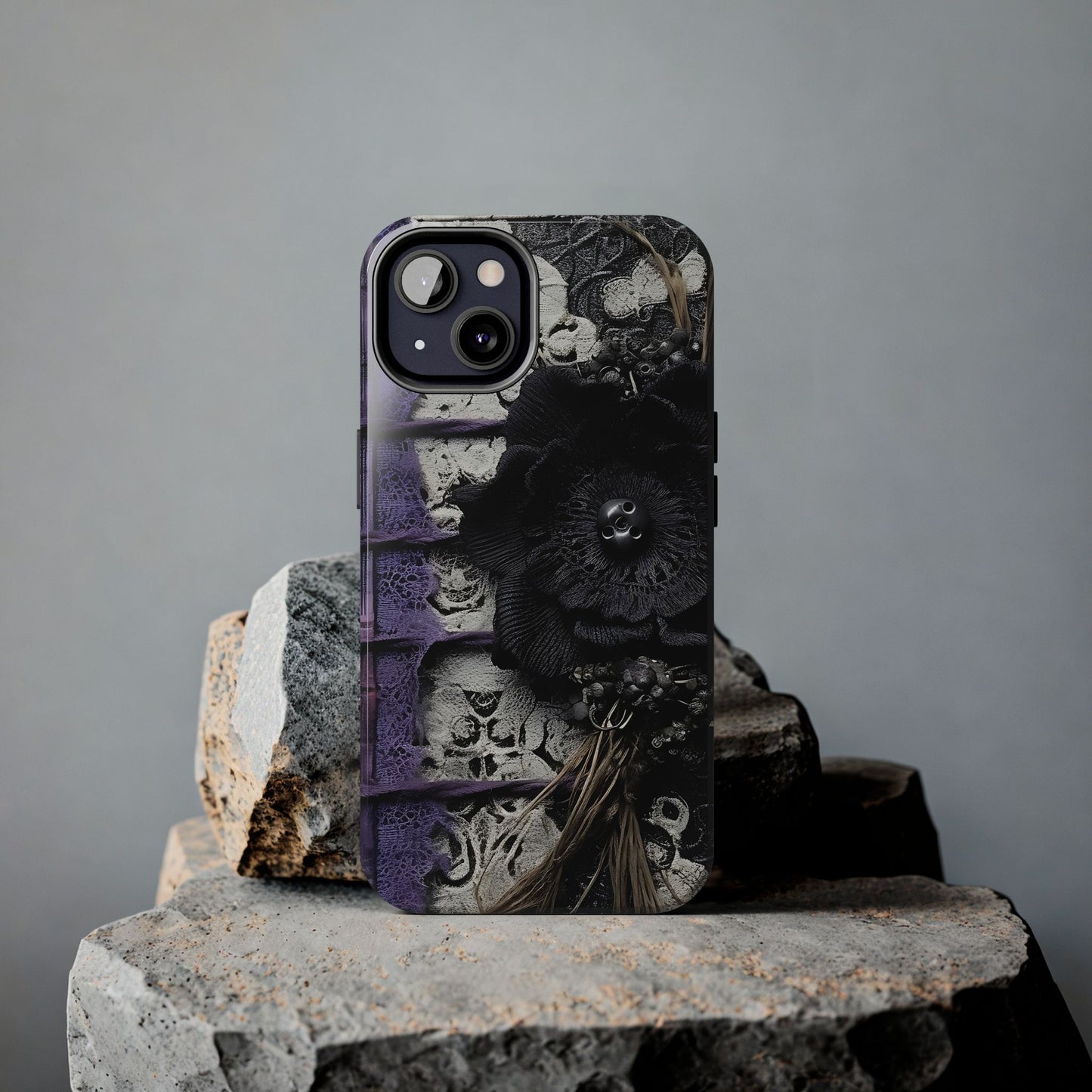 Gothic Skull Floral Tough Phone Case – Black Flower & Purple Accent Protective Cover